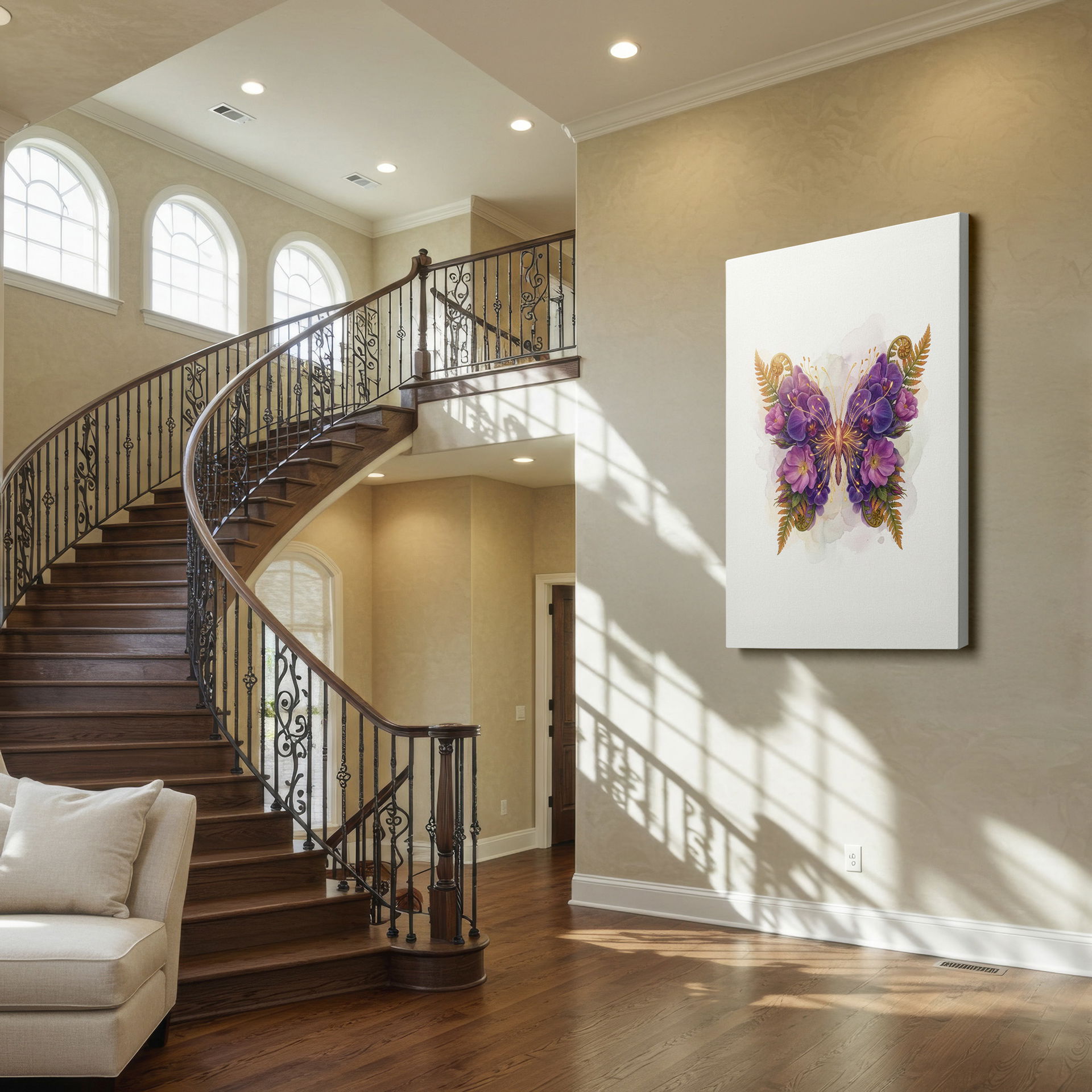 Botanical butterfly design as wall decor, displaying a butterfly with wings of purple and pink flowers & golden fern embellishments.