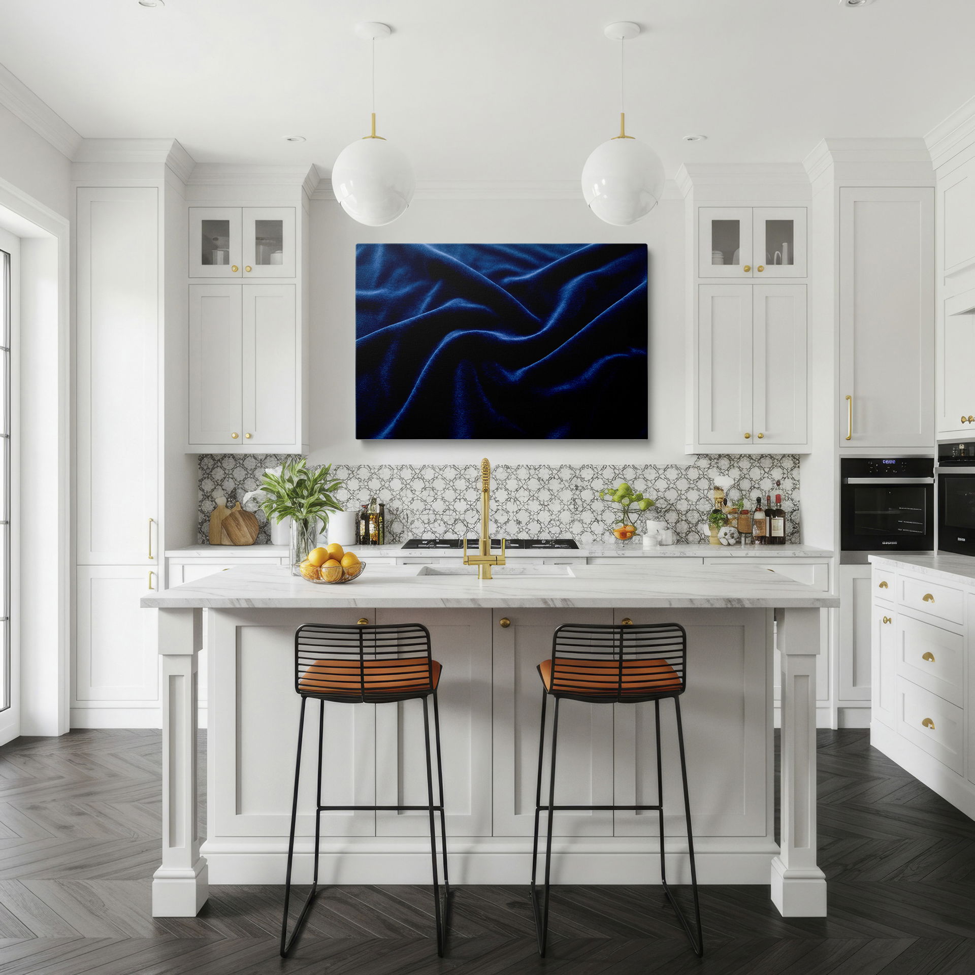 Close-up captures the rich, dimensional quality of blue velvet, offered as distinctive wall decor.