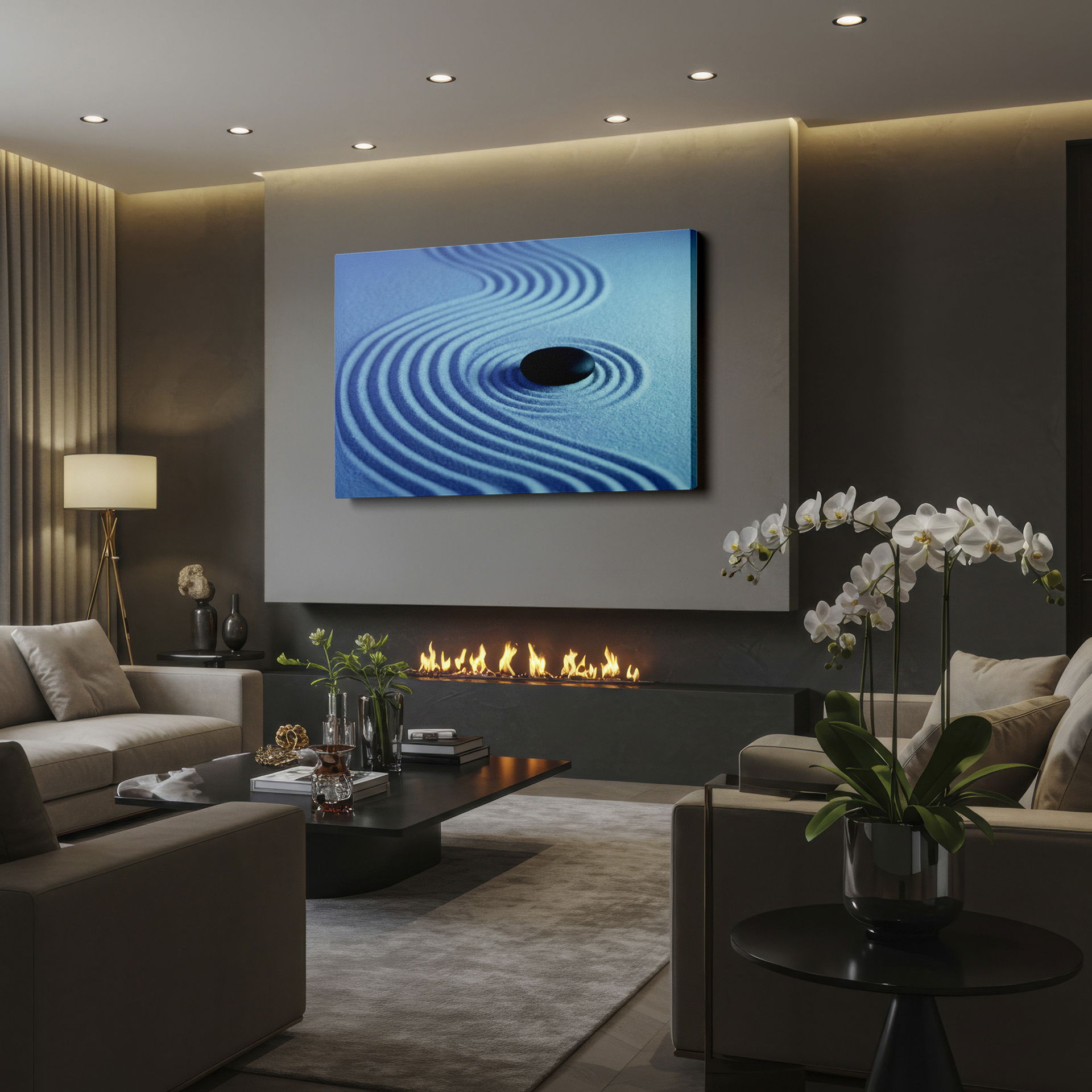 Zen garden stone captured in raked sand design, an elegant and minimalist wall decor.