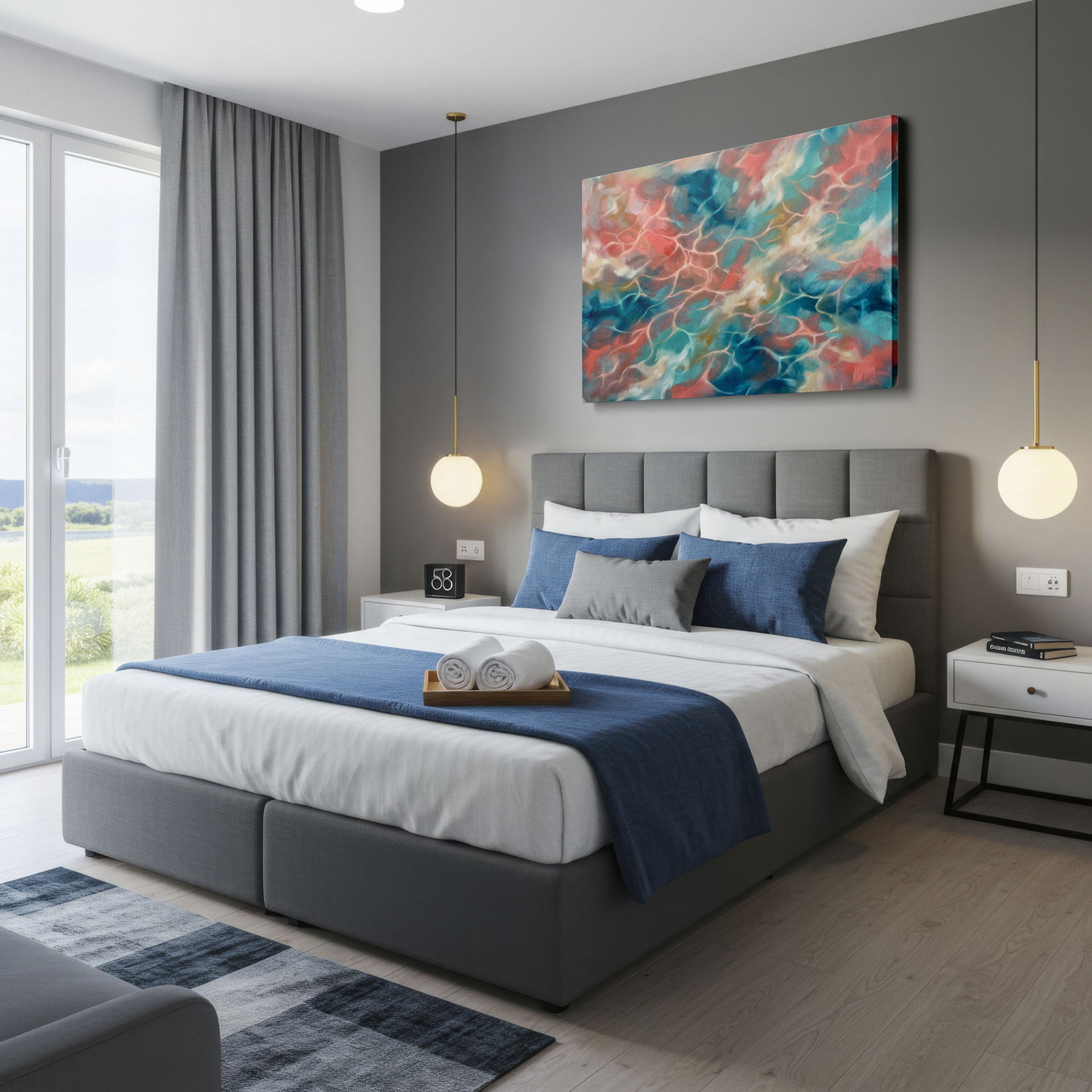 Abstract wall decor with flowing water reflections in coral, teal, and cream, creating a serene mood.