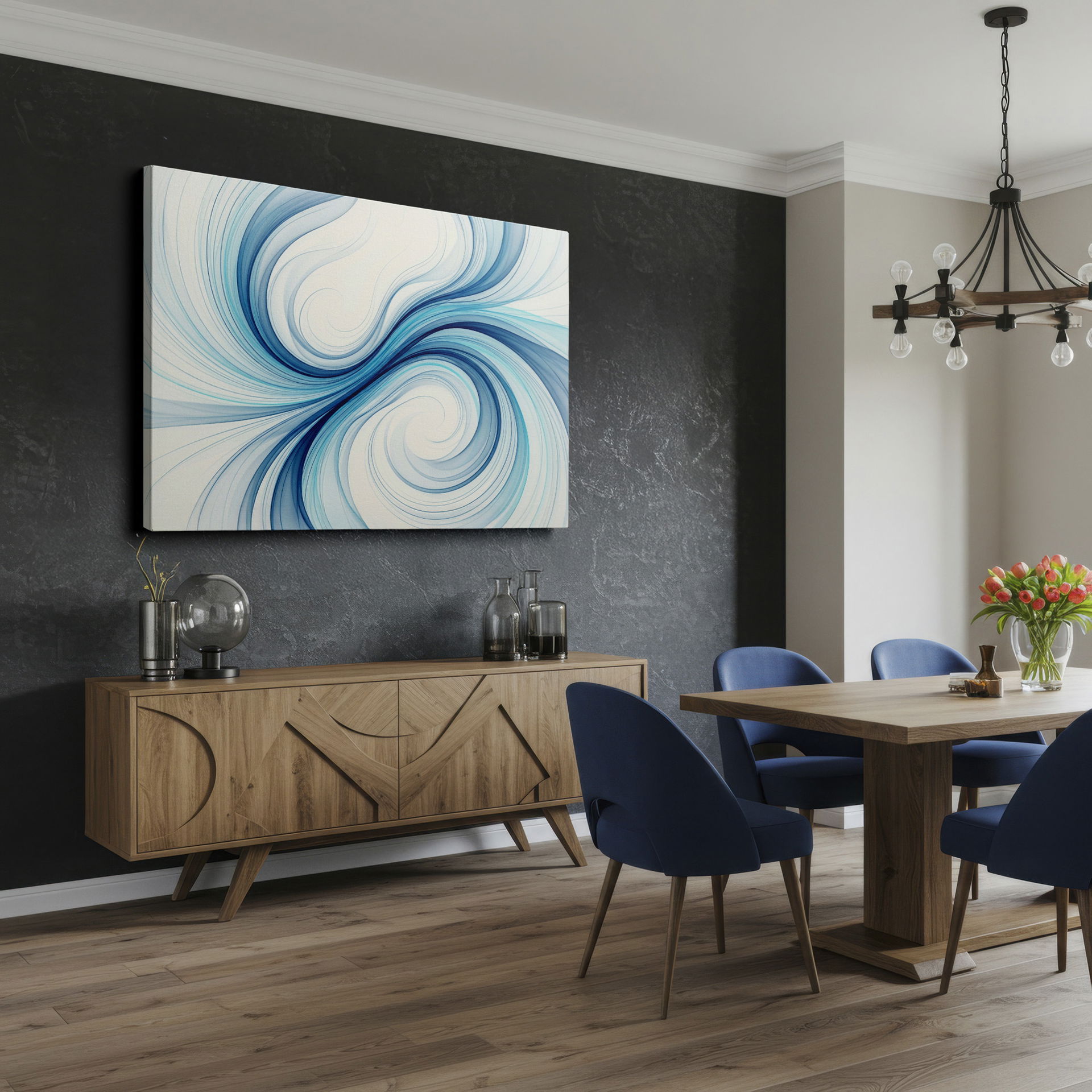 Swirling blue lines on wall decor create a modern, abstract visual texture.