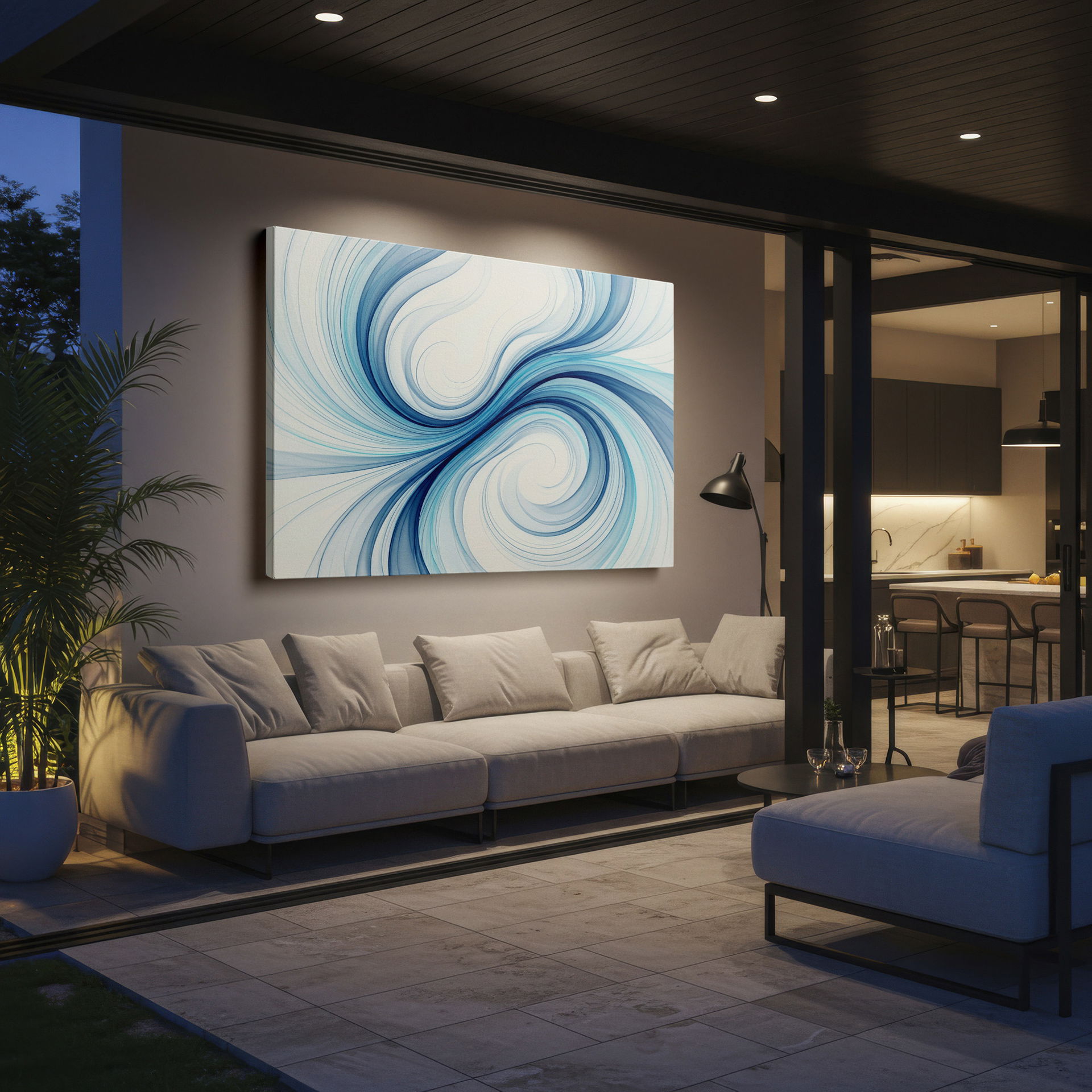 Dynamic blue swirl design brings movement to any space, perfect as Wrapped Canvas.