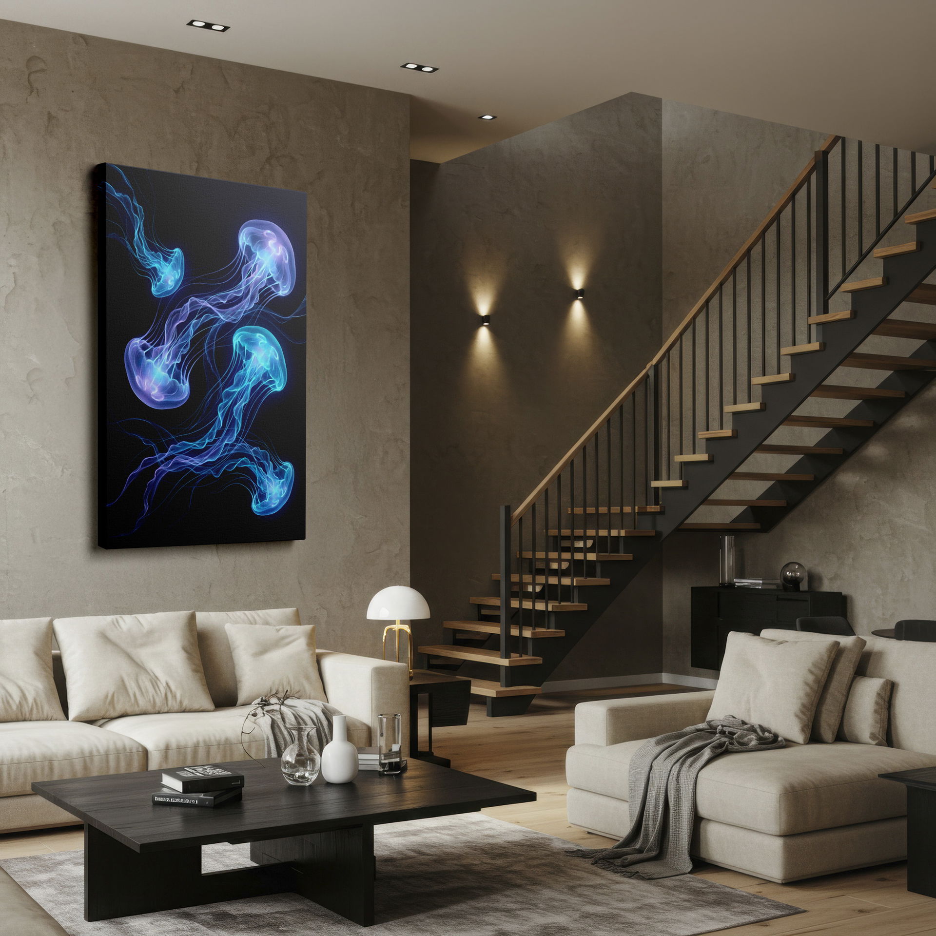 Graceful jellyfish wall decor, illuminating the depths of the ocean on a dark canvas backdrop.