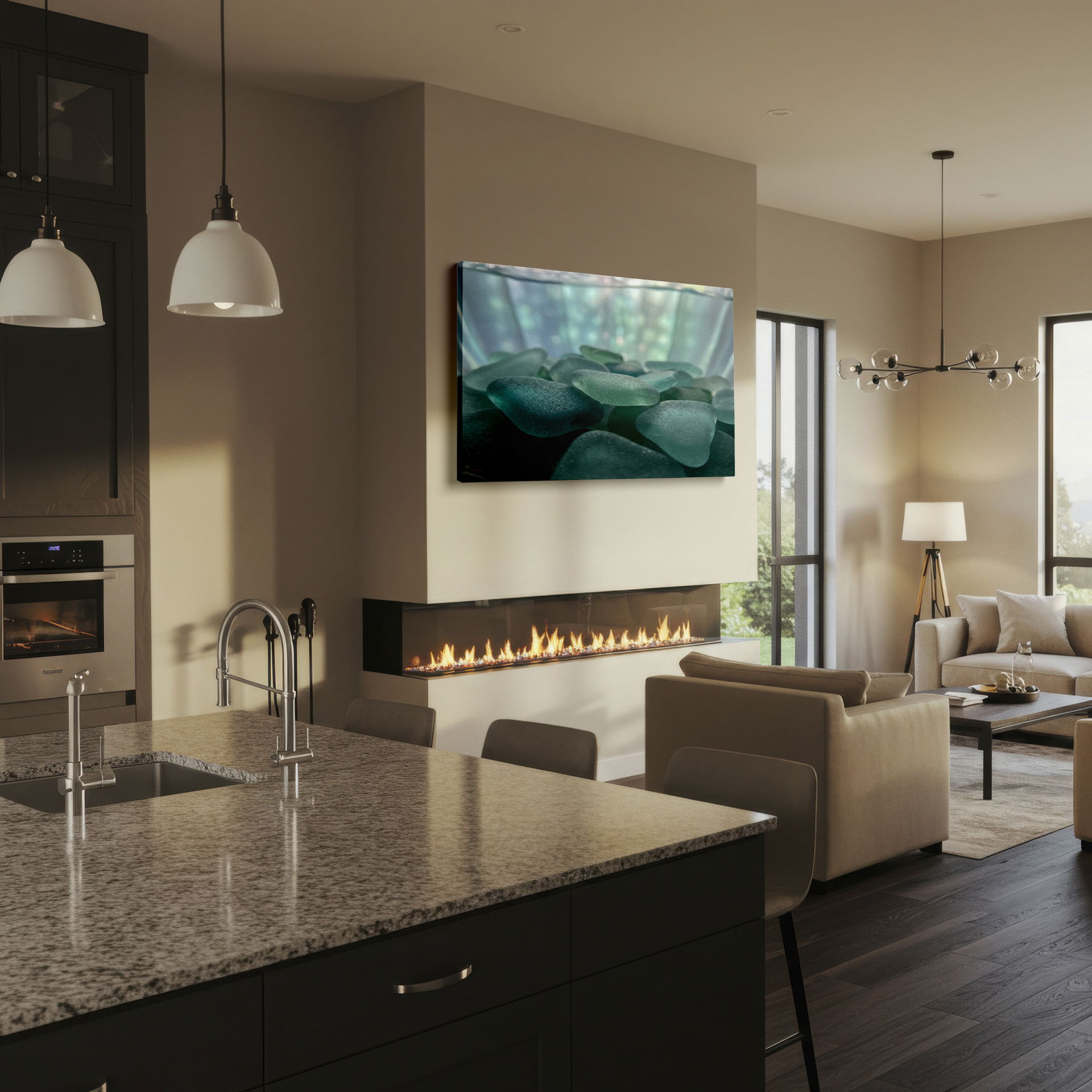 Coastal-themed sea glass wall decor art in soothing blue tones for relaxed interior aesthetic.