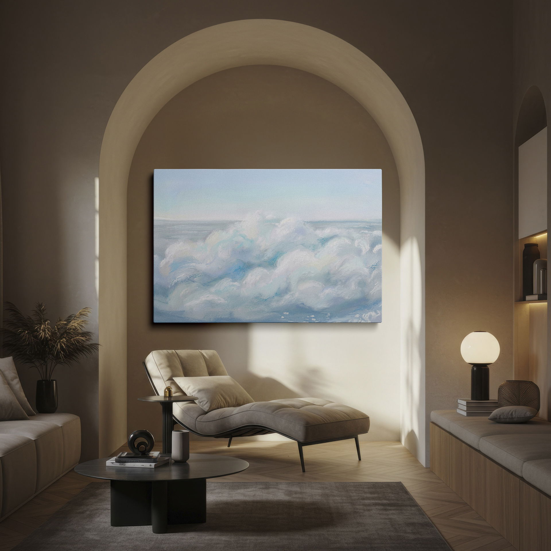 A beautiful seascape wall art with a tranquil ocean wave rendered in calming pastel tones.