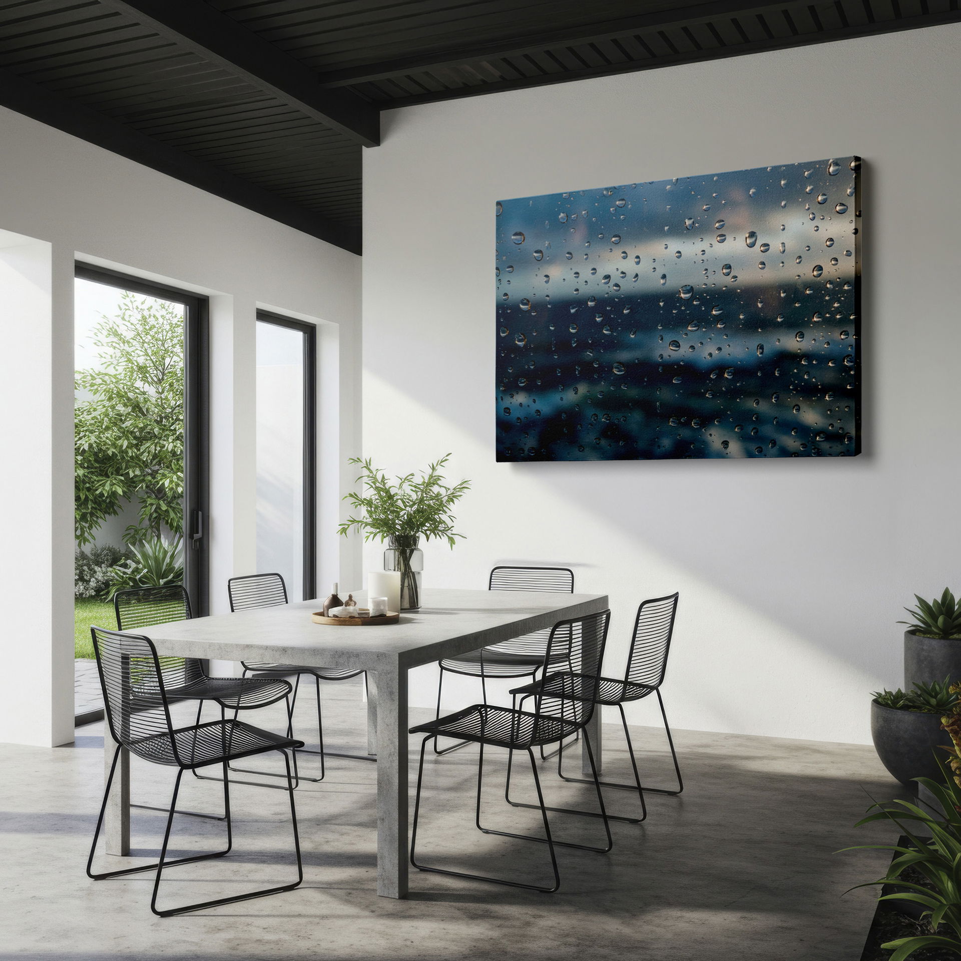 Window covered in rain offers a blurred, abstract landscape, a stunning piece of wrapped canvas art.