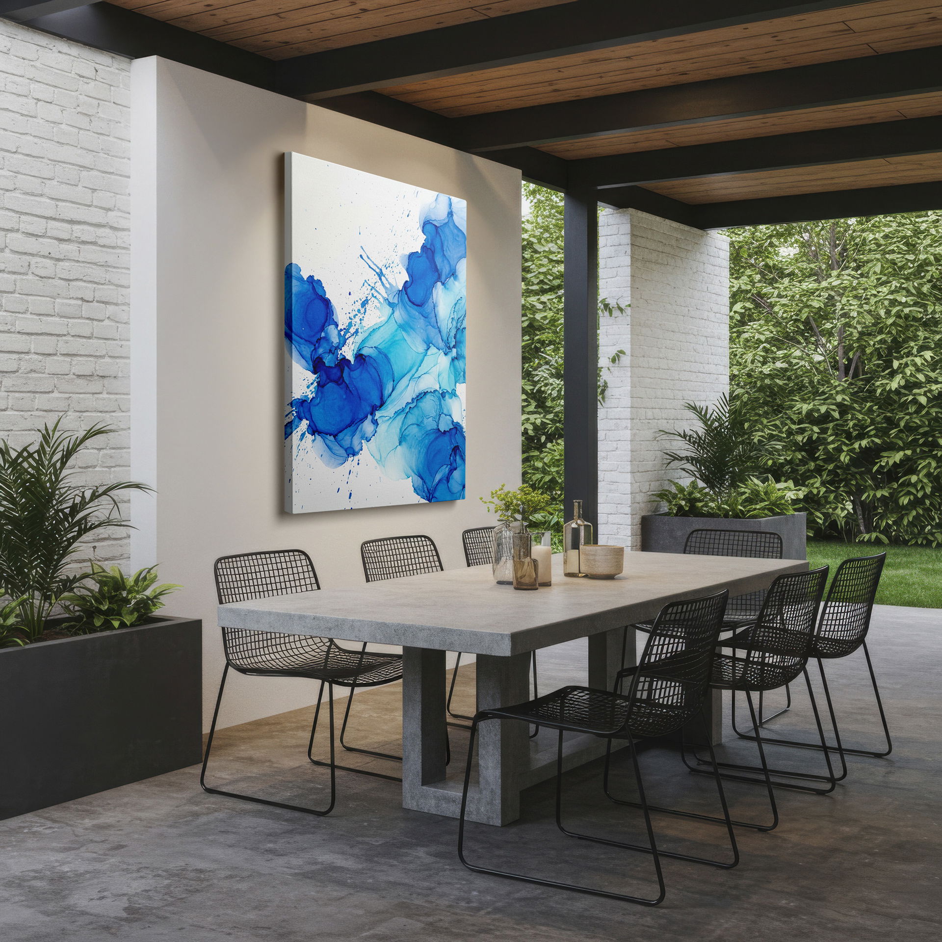 Modern abstract canvas wall art featuring swirling blue hues. Makes a bold statement in any interior design style.