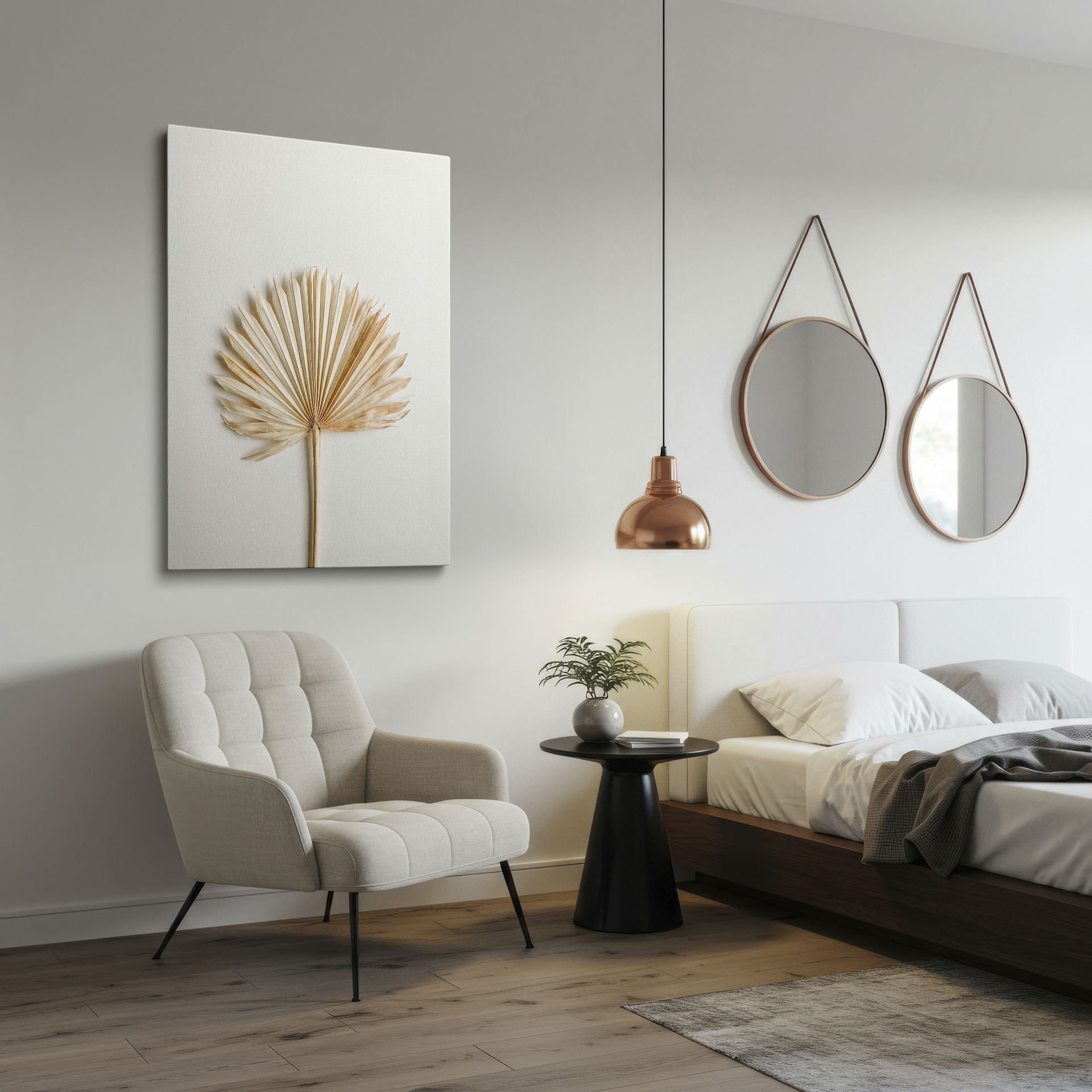 Minimalist wall art print of a dried palm leaf, showcasing its elegance and natural form.