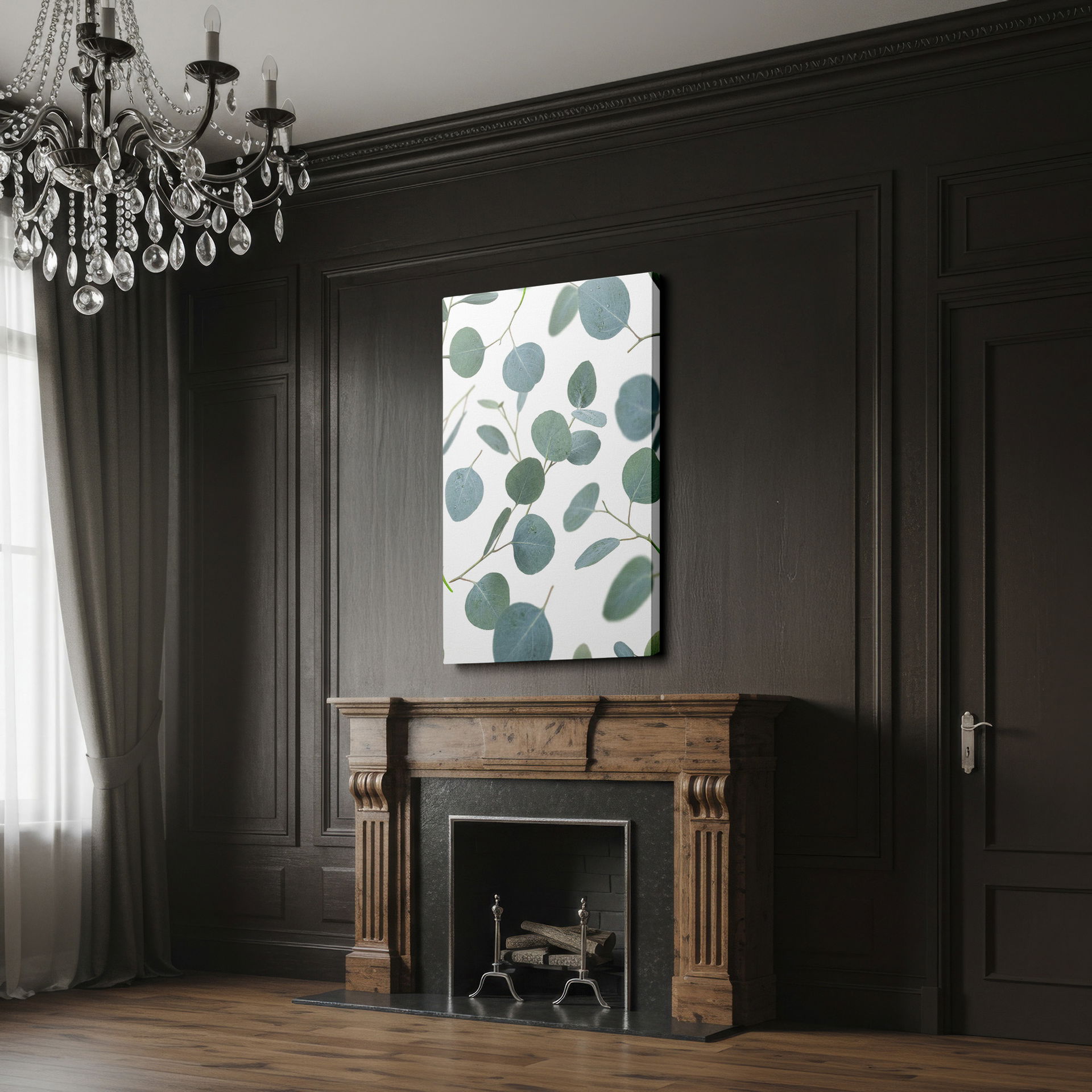 Botanical wall art with eucalyptus leaves: sparse, silver-green foliage against a stark white background, airy and calming.