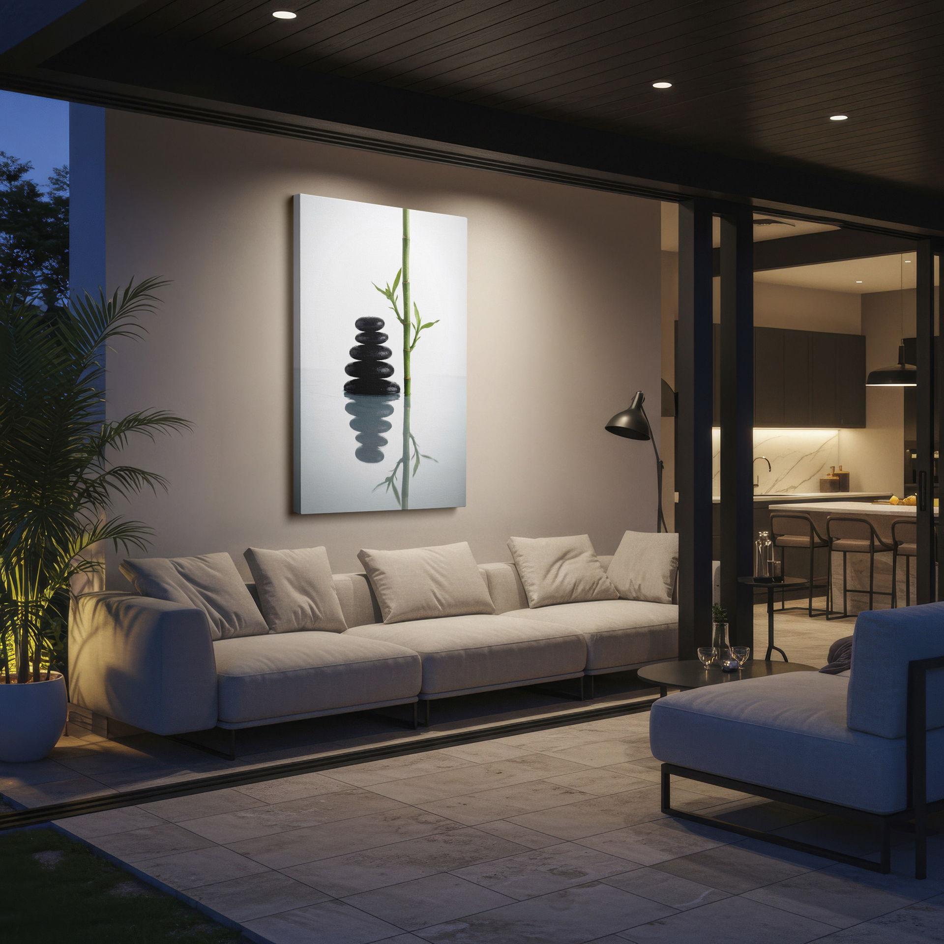 Zen-inspired Wrapped Canvas showing balanced stones with bamboo stalk for tranquil interior design.