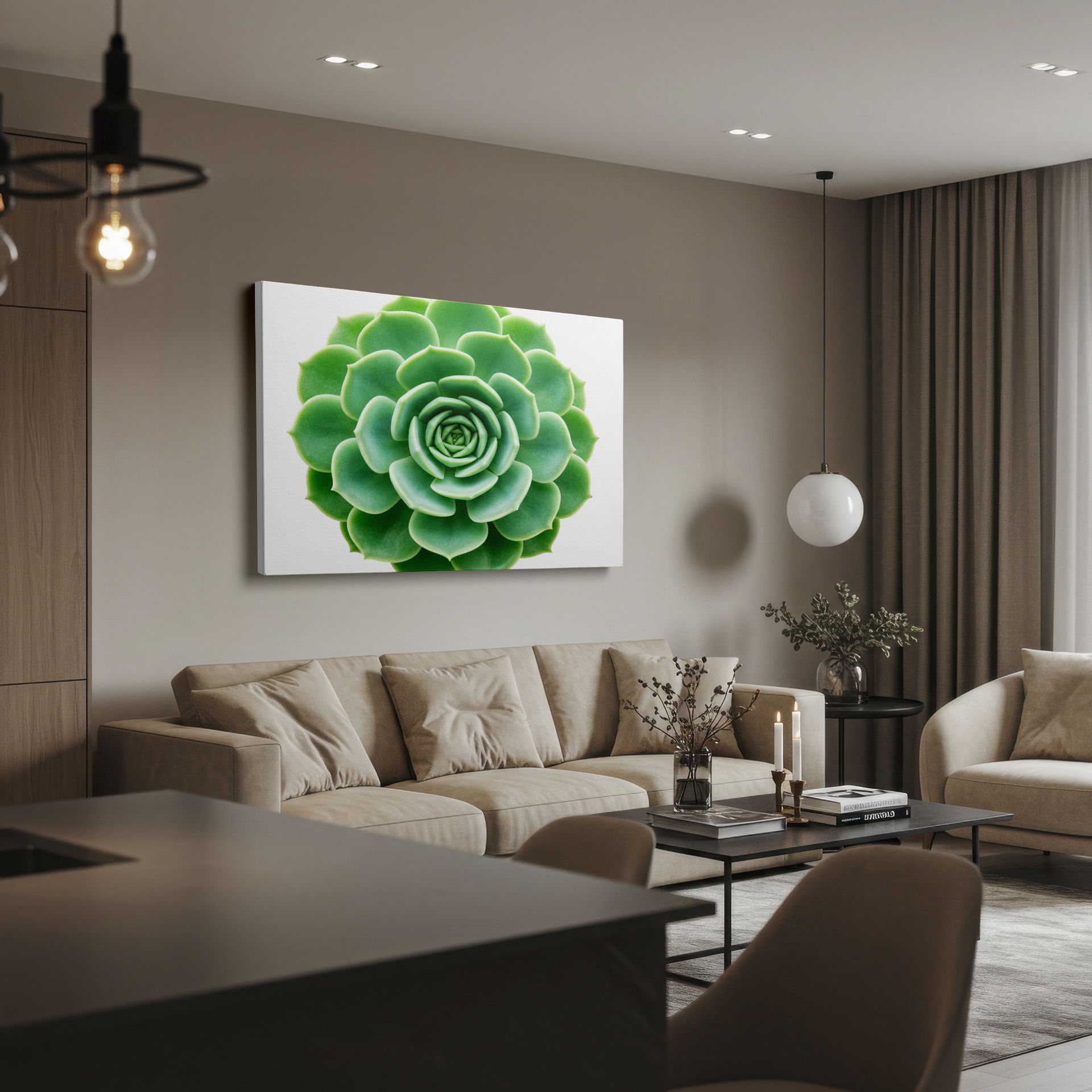 Close-up Wrapped Canvas presenting the symmetrical beauty of a green succulent plant, enhancing your room's ambiance.