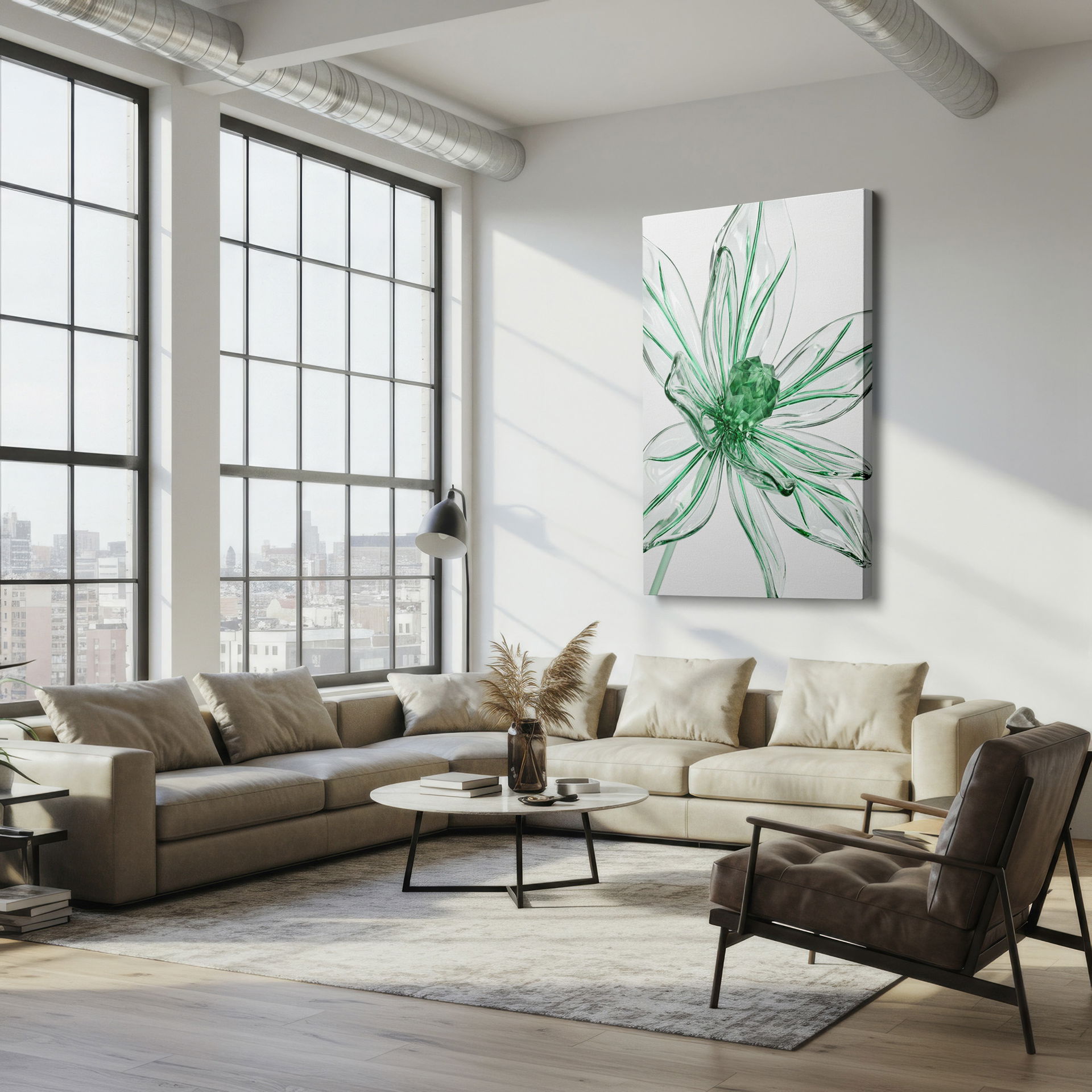 Transparent glass flower petals with refined green accents highlight this Wrapped Canvas art.