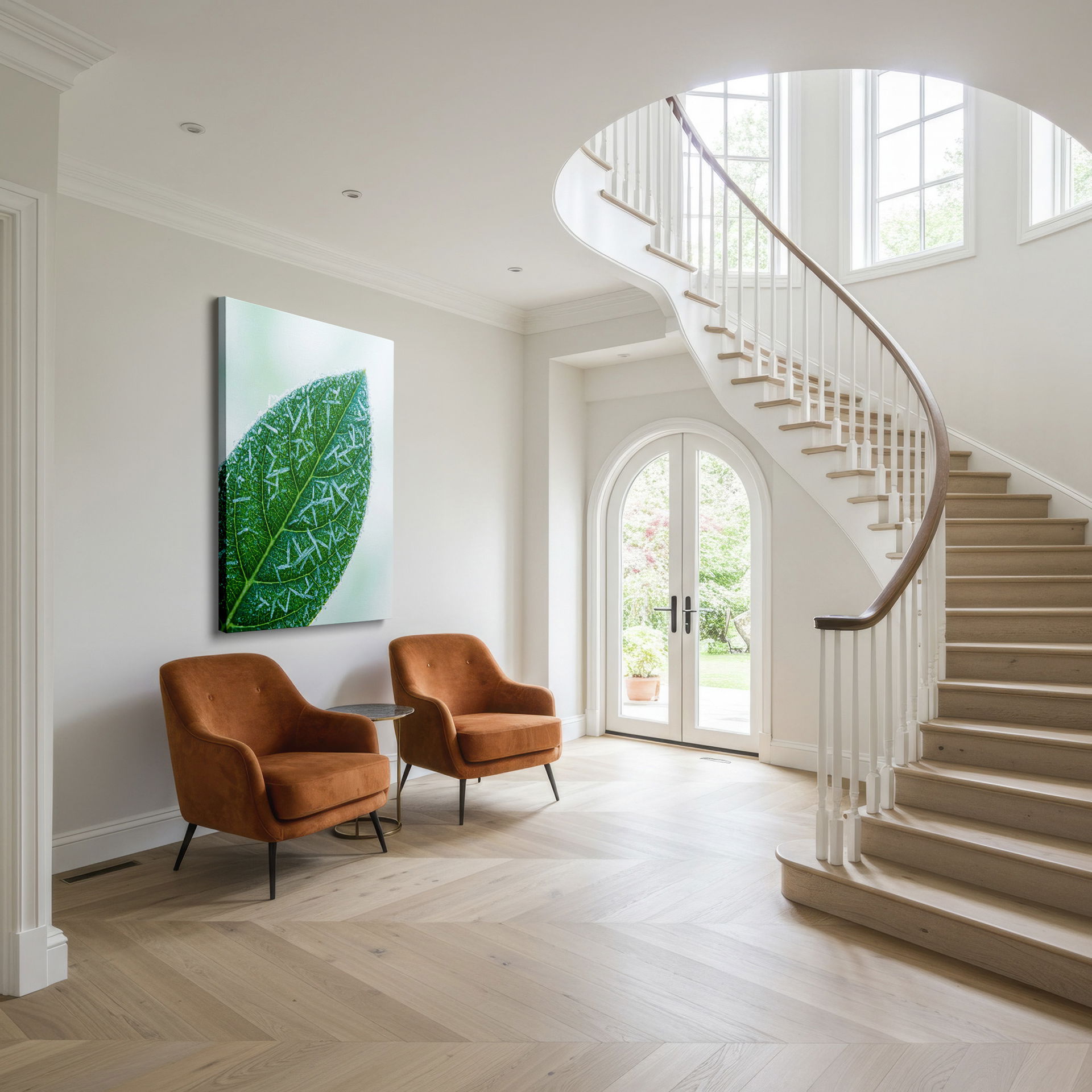 Delicate frost formations on a vibrant green leaf, a unique nature-inspired wall decor piece.