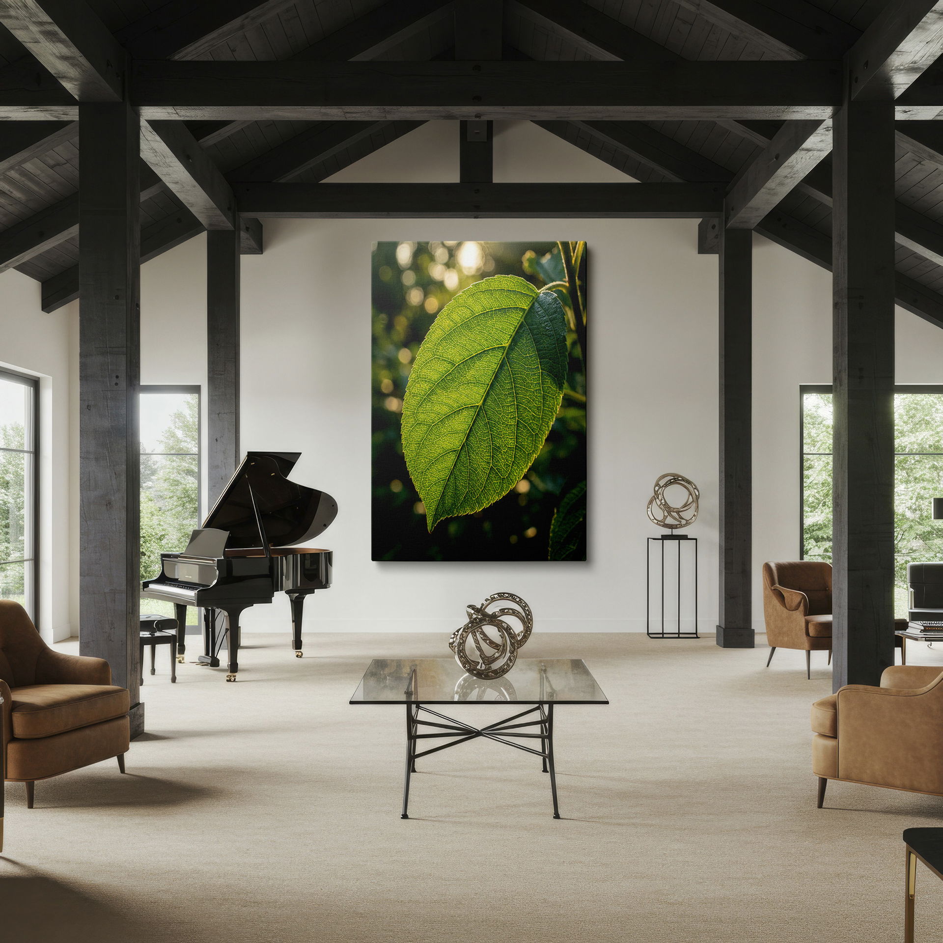 Detailed close-up of a translucent green leaf, showcasing its intricate veins. Natural art design for Wrapped Canvas.