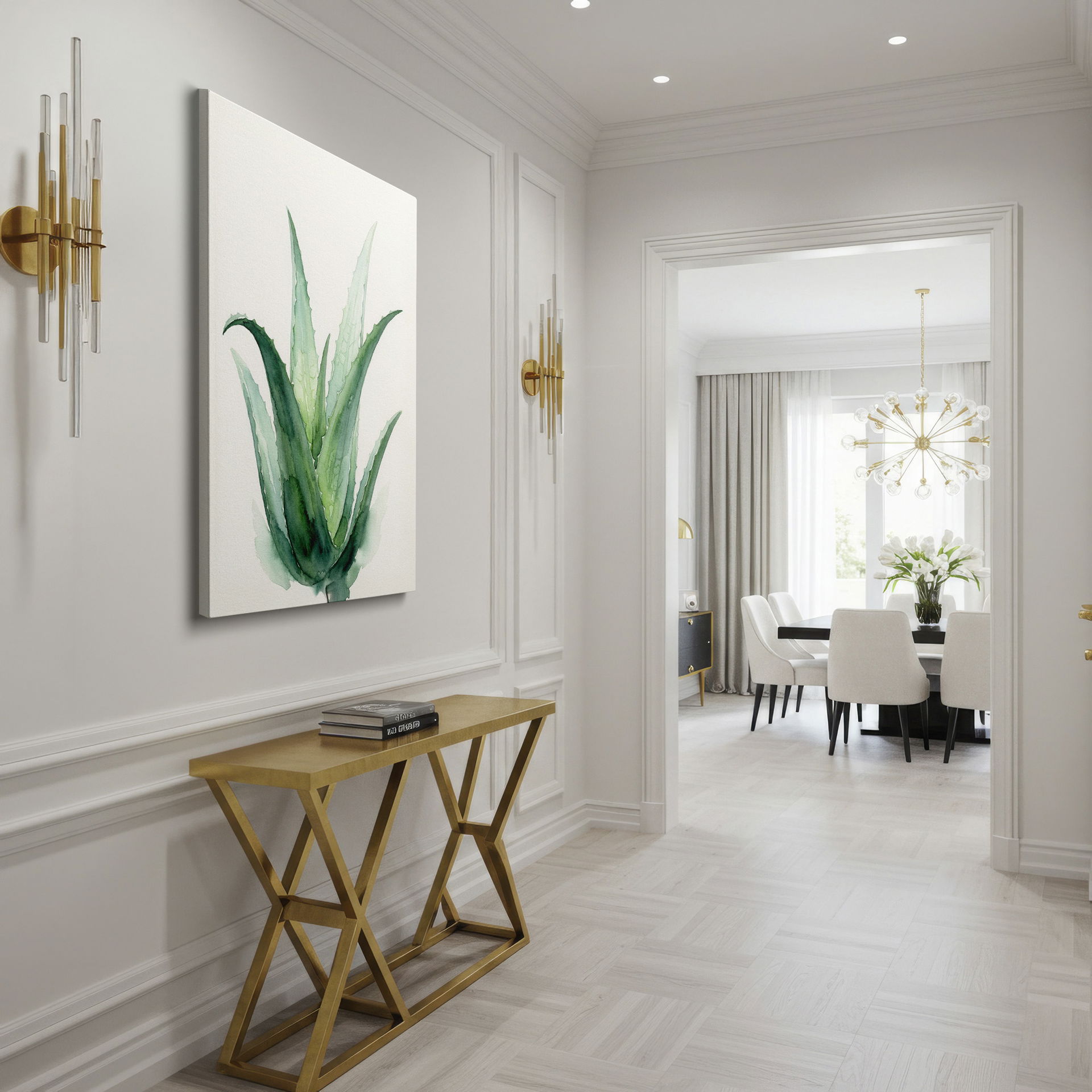 Intricate watercolor wall art showcasing an aloe vera plant's leaves in various green hues; beautiful wall decor.