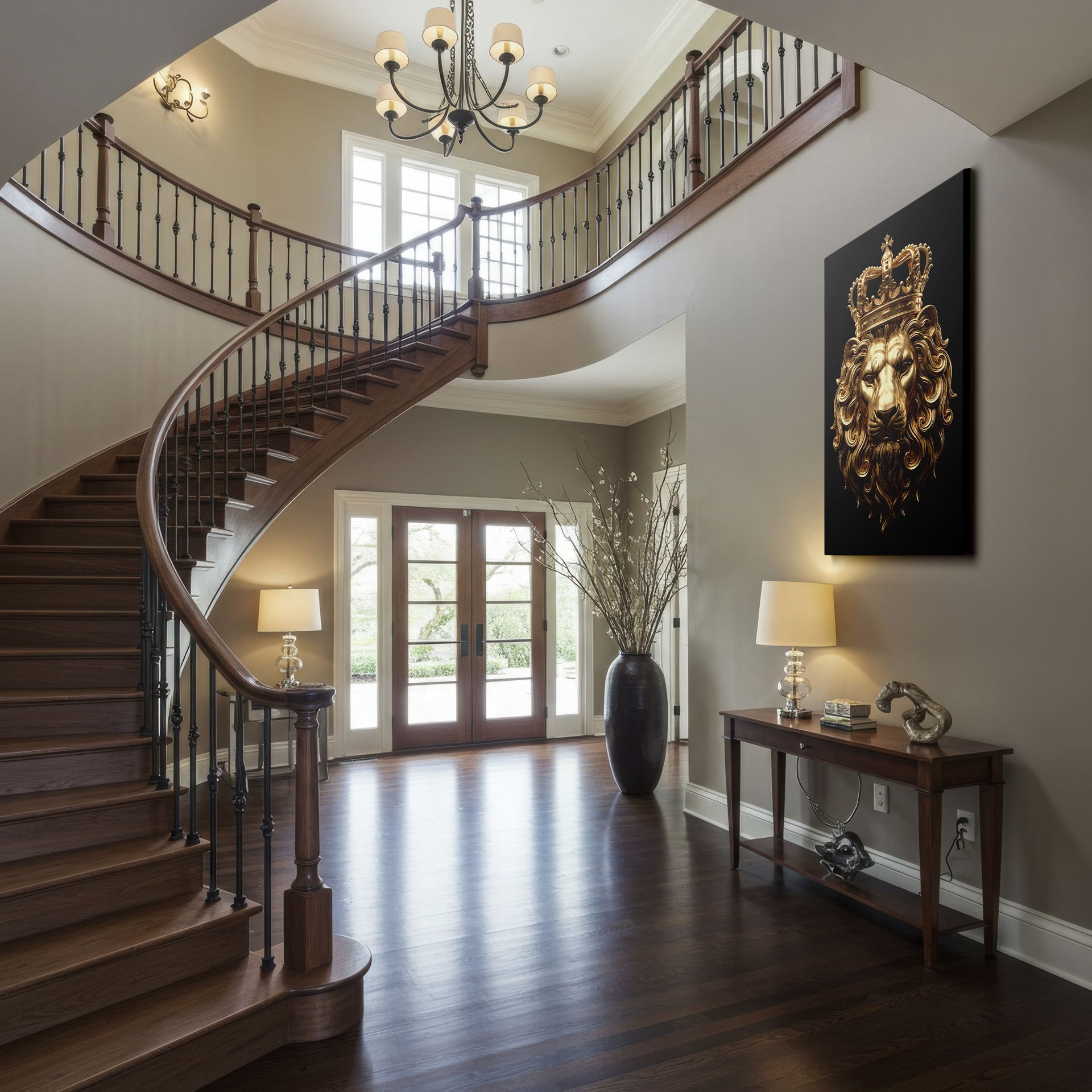 Unique wall decor of a golden lion with a detailed crown, contrasted against a sleek black background, making it a focal point.