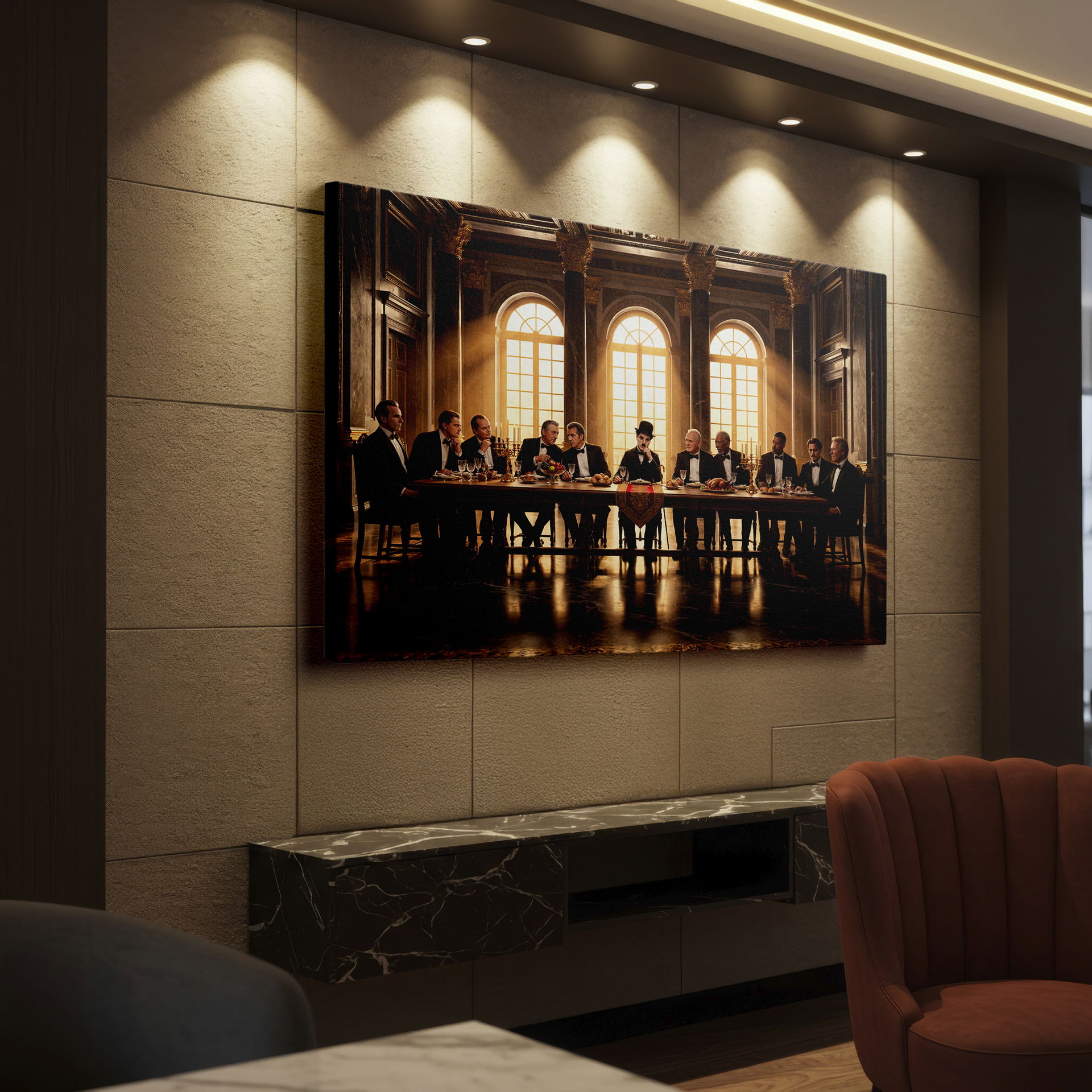 A lavish dinner gathering of legends, beautifully rendered on wall decor.