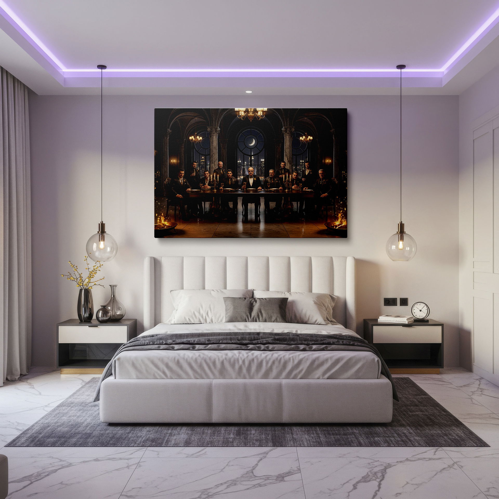 Striking wall decor of a mafia gathering with a gothic cityscape under a crescent moon.