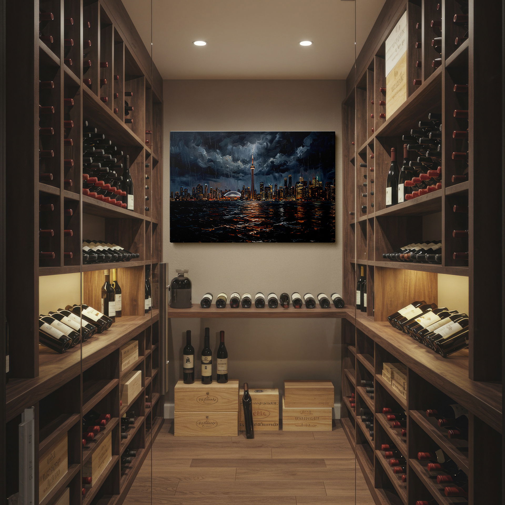 Elegant wall decor of a rainy night in Toronto, showcasing the CN Tower and city lights.