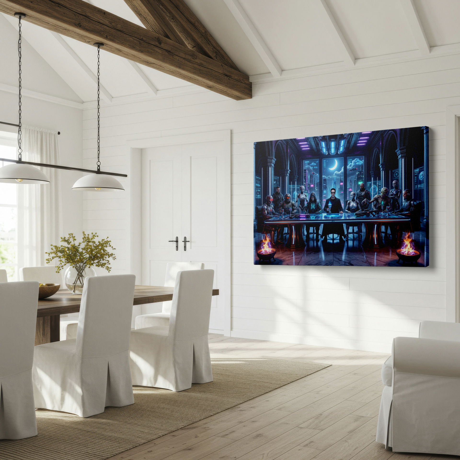 A captivating cyberpunk wall decor featuring a diverse futuristic gathering.