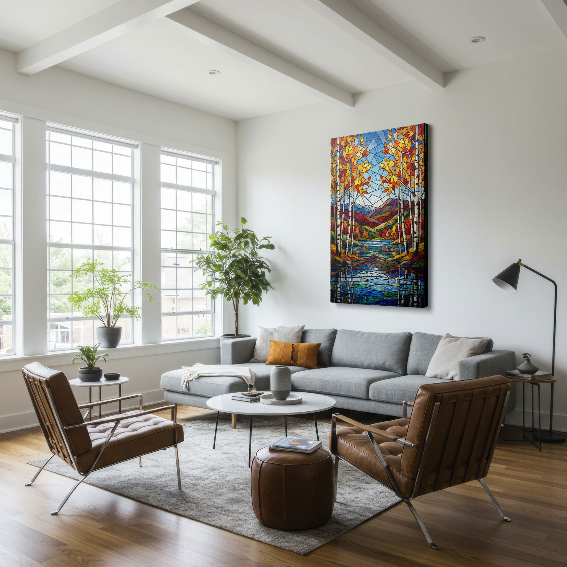 Stained glass wall decor of a forest scene mirrored on a lake's surface.