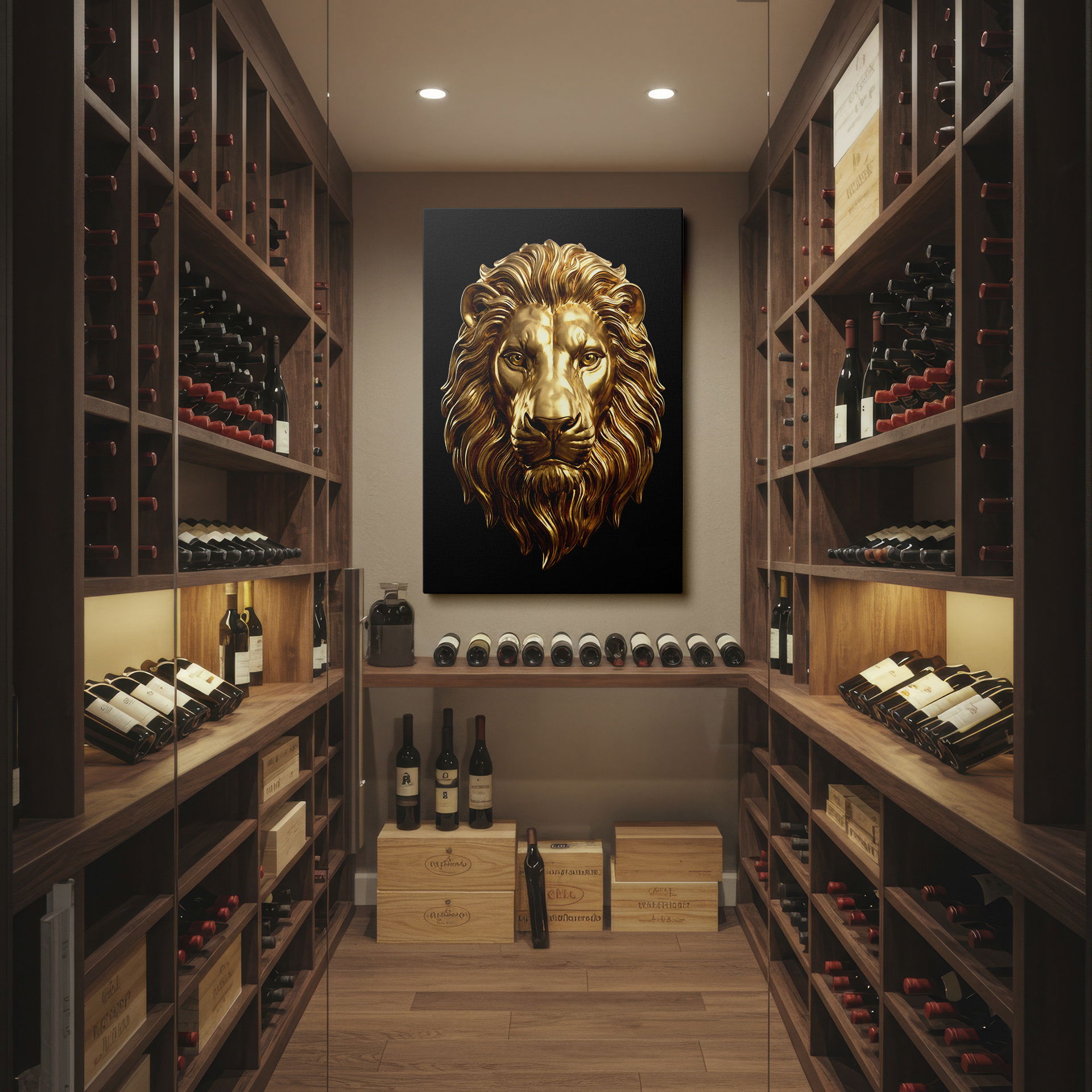 Lion's head rendered in gold; striking animal wall art, dark background enhances canvas features.