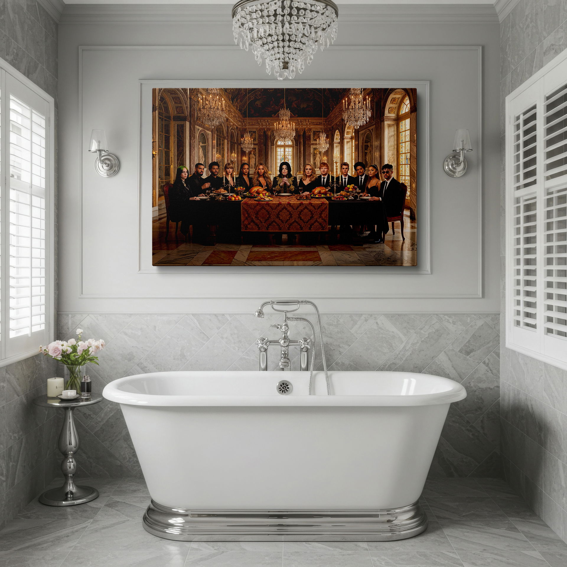 Exceptional wall decor illustrating a celebrity dinner in a baroque hall.