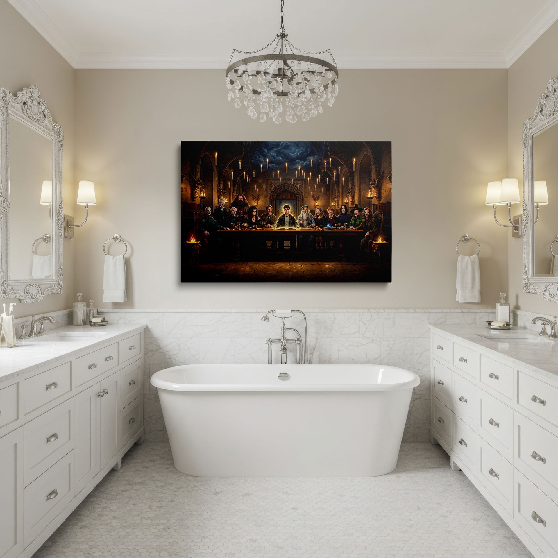 Unique wall decor depicting 'Harry Potter's Last Supper' in a magical environment.