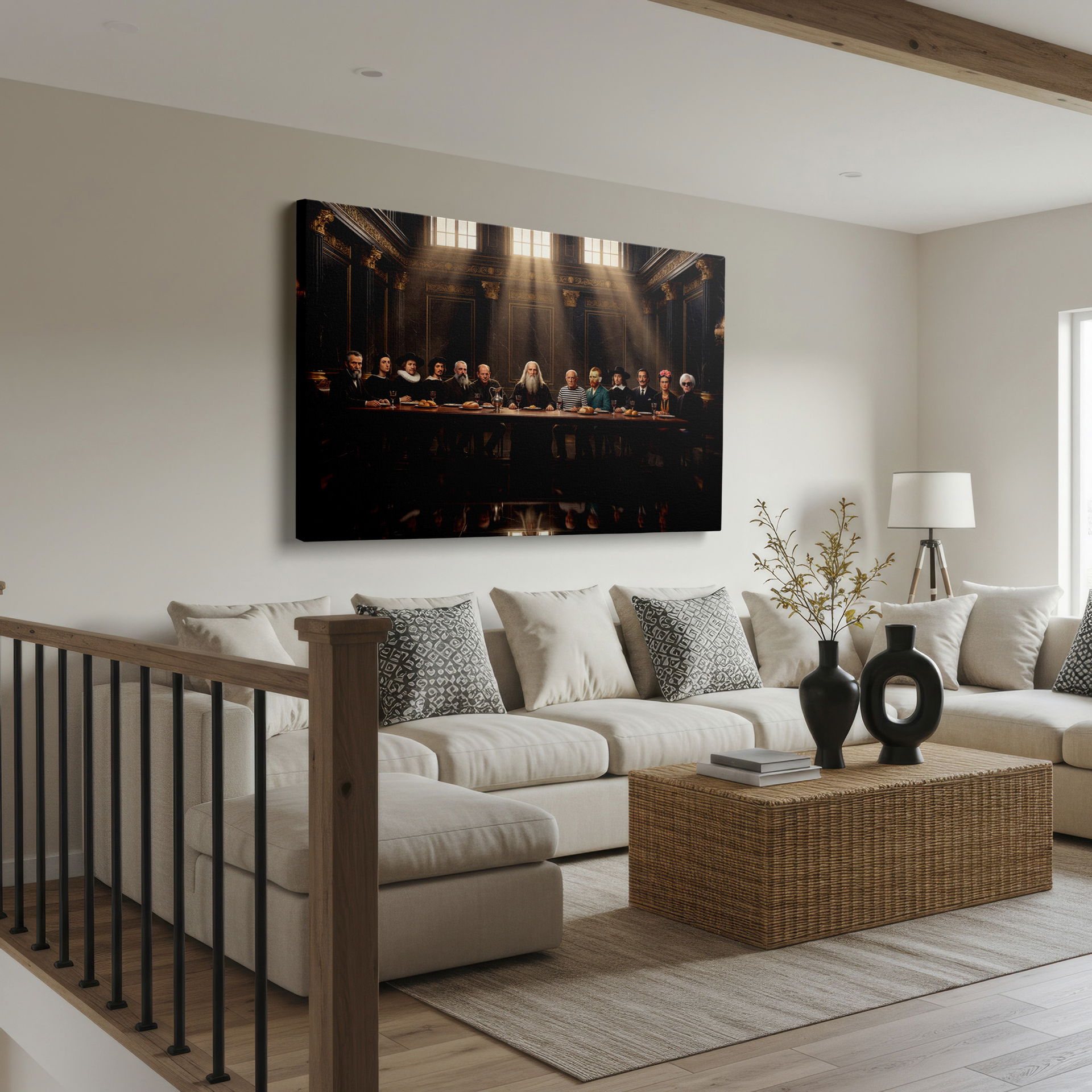 This stunning wall decor presents an artistic rendition of the Last Supper with famous artists.