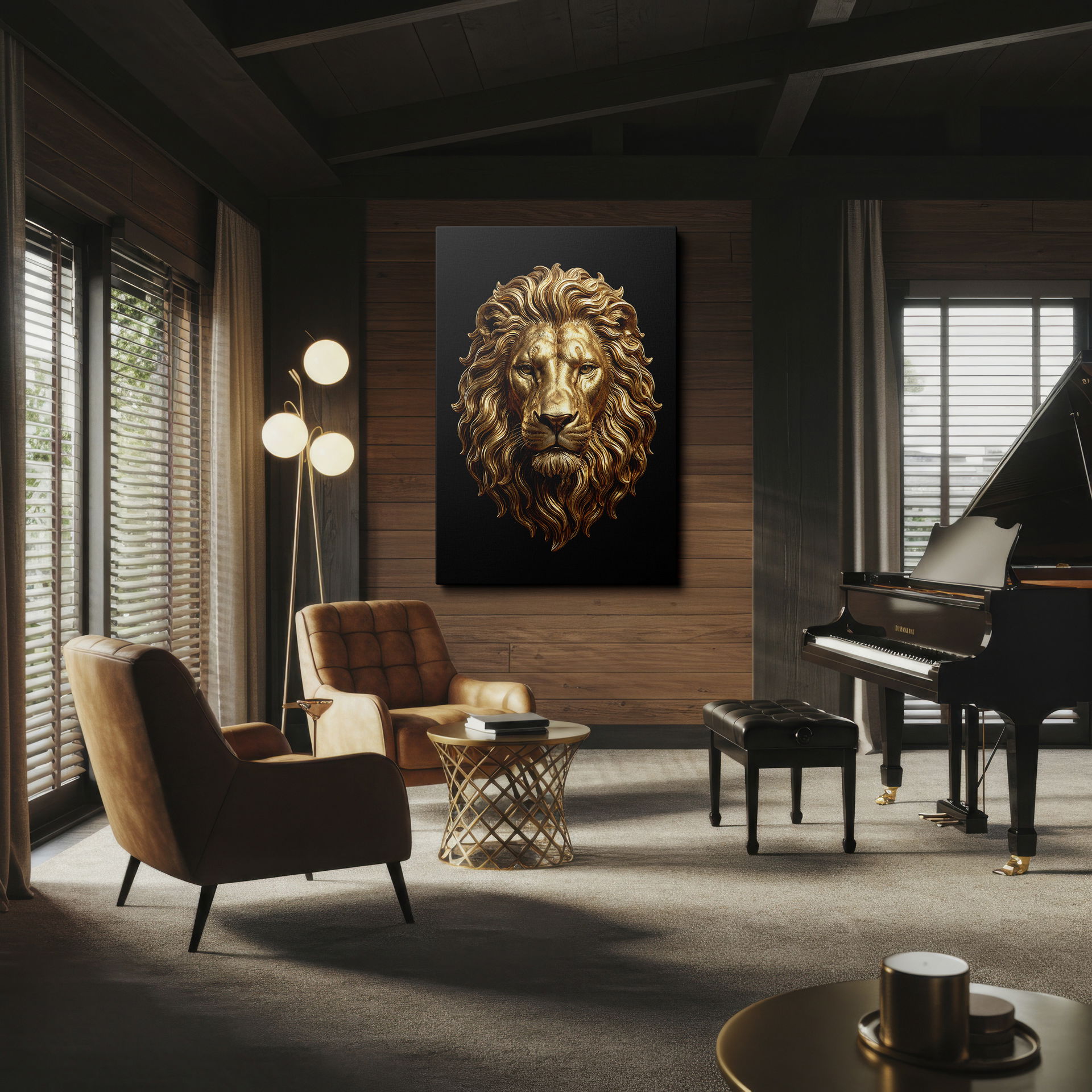 Close-up of a golden lion’s head wall art with a striking mane. Perfect for adding a luxurious touch.