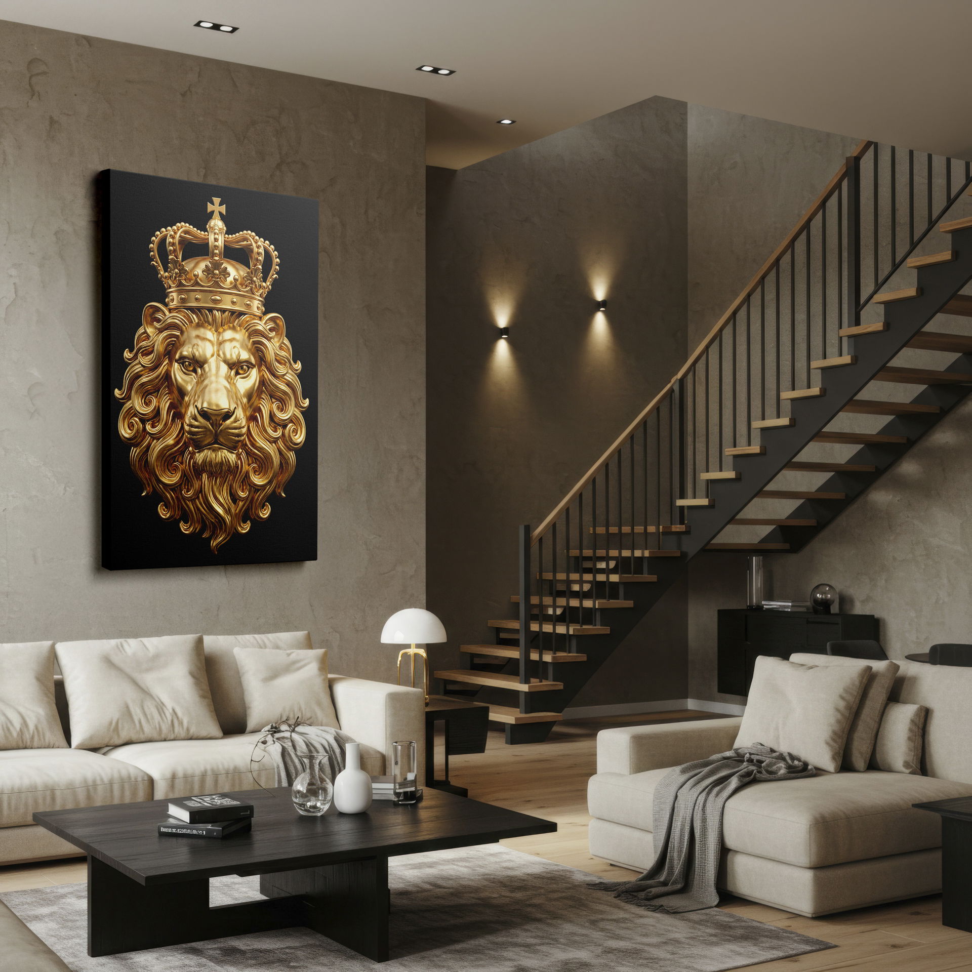 Eye-catching golden lion and crown wall art. Ideal wall decor for adding a touch of royalty.