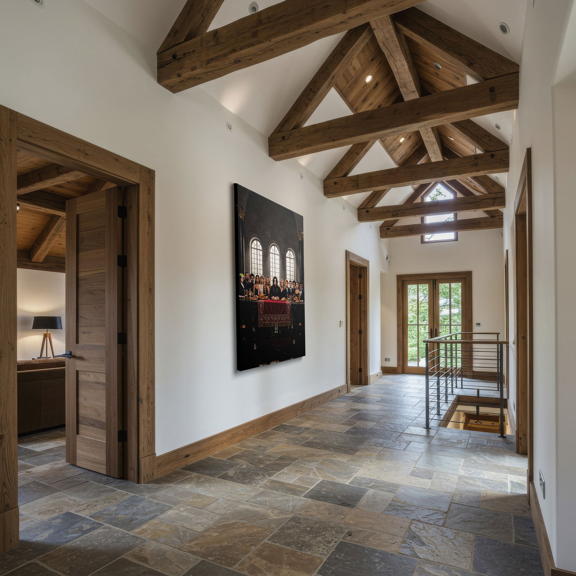 Wall art showing music icons gathered for a Last Supper-inspired dinner, ideal for unique wall decor.