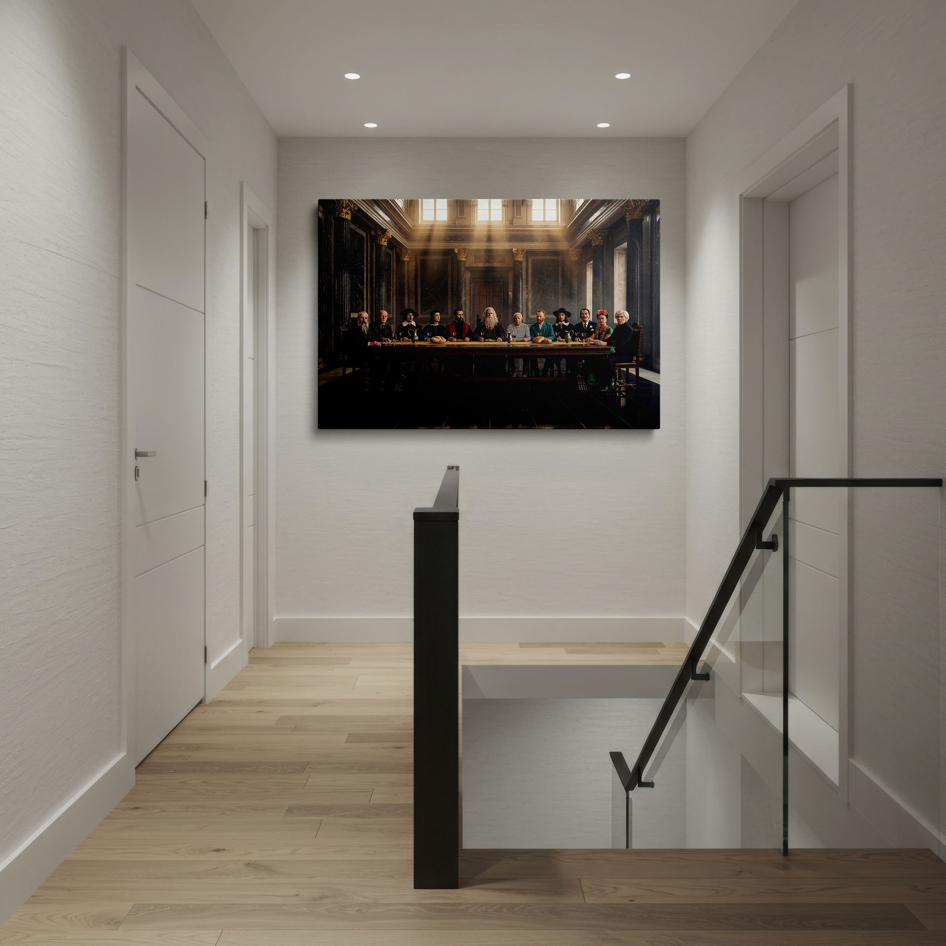 This canvas wall art displays legendary artists in a supper setting with a nod to classical art.