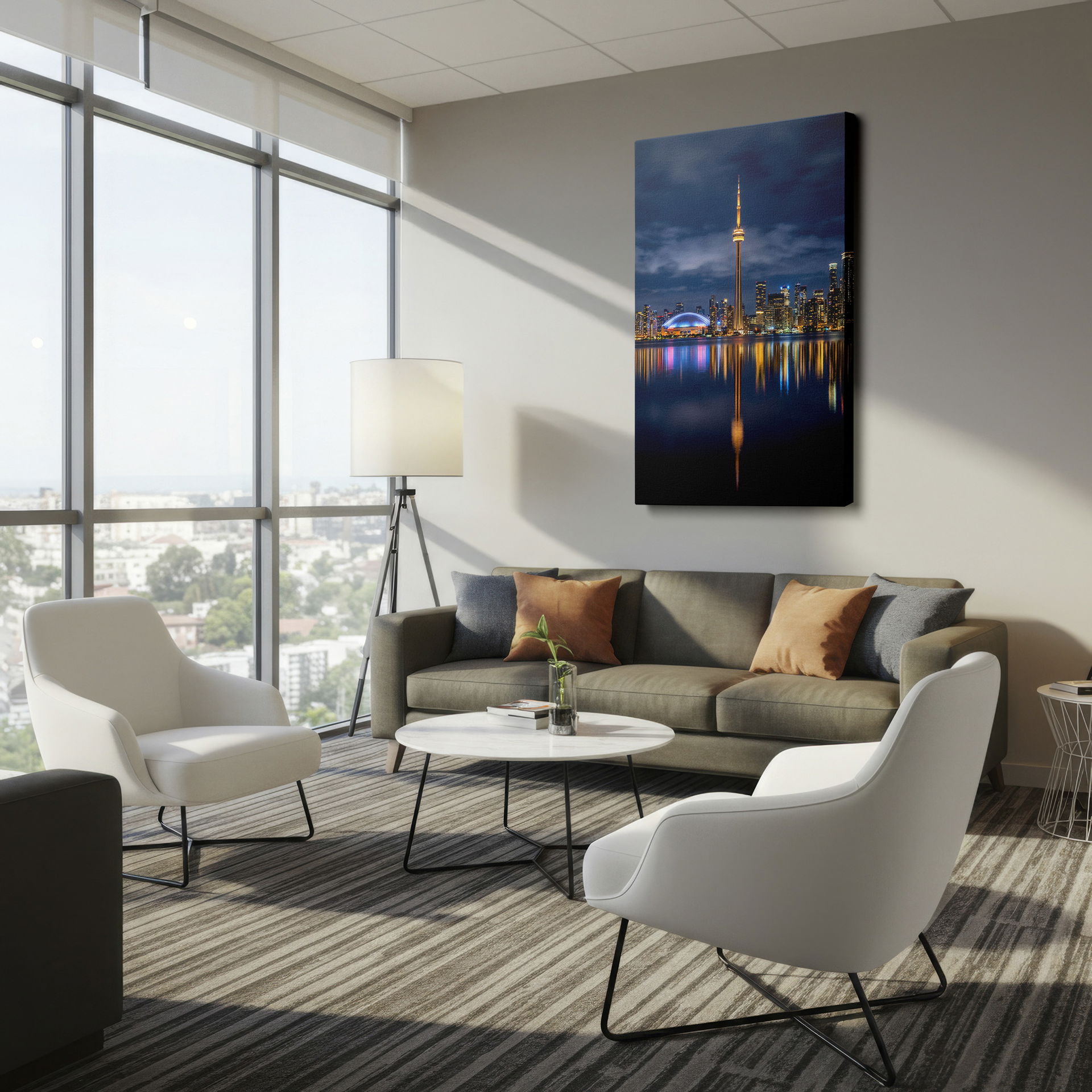 Toronto CN Tower reflected in water, with city skyline illuminated at night. A beautiful and serene wall decor.