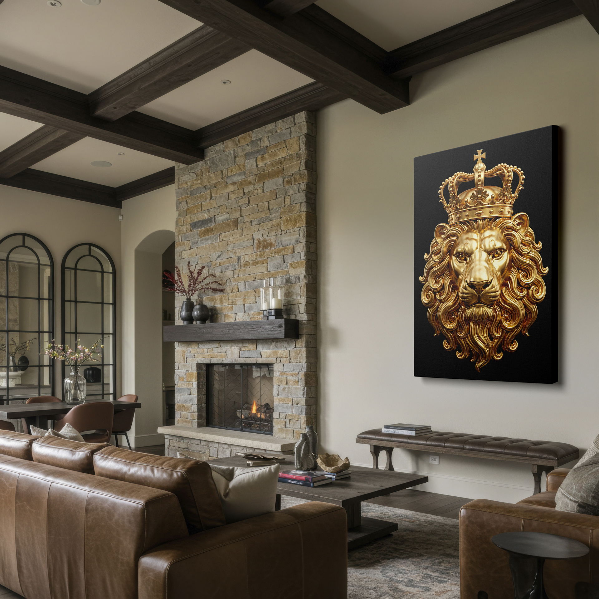 A golden lion with crown set on a black background, perfect as stylish wall art.