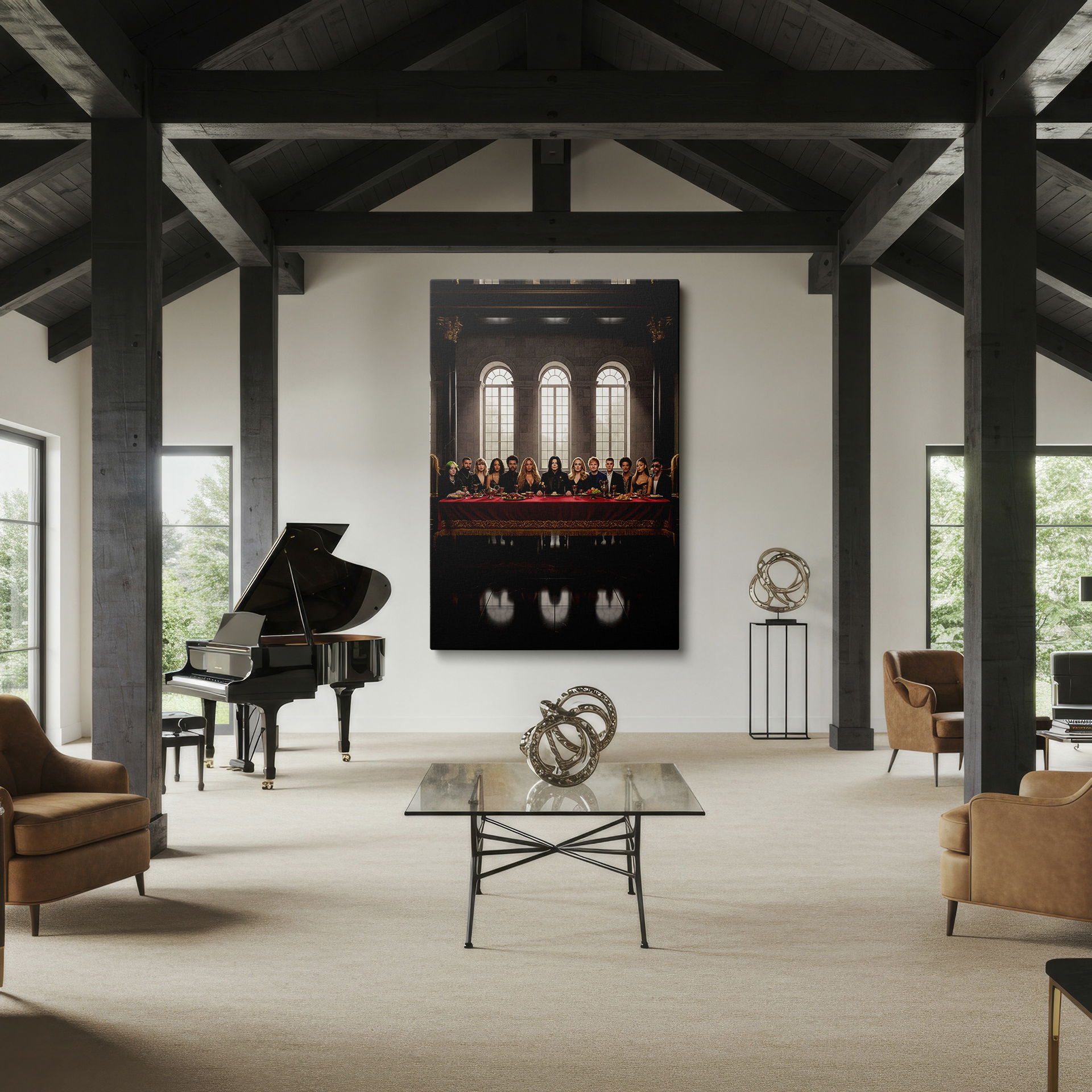 A canvas wall art shows an artistic rendition of The Last Supper with today’s music icons.