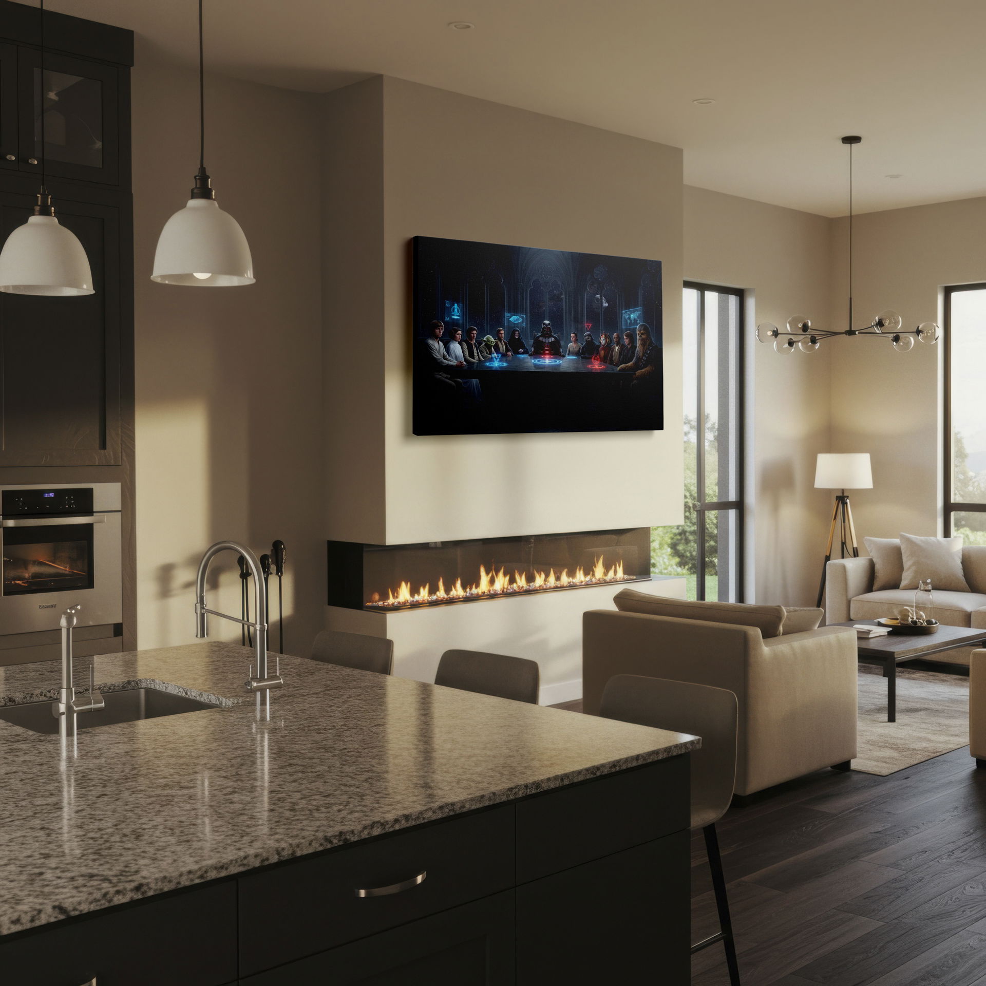 Detailed Star Wars council scene wall decor displaying a blend of light and dark side figures in a gothic environment.