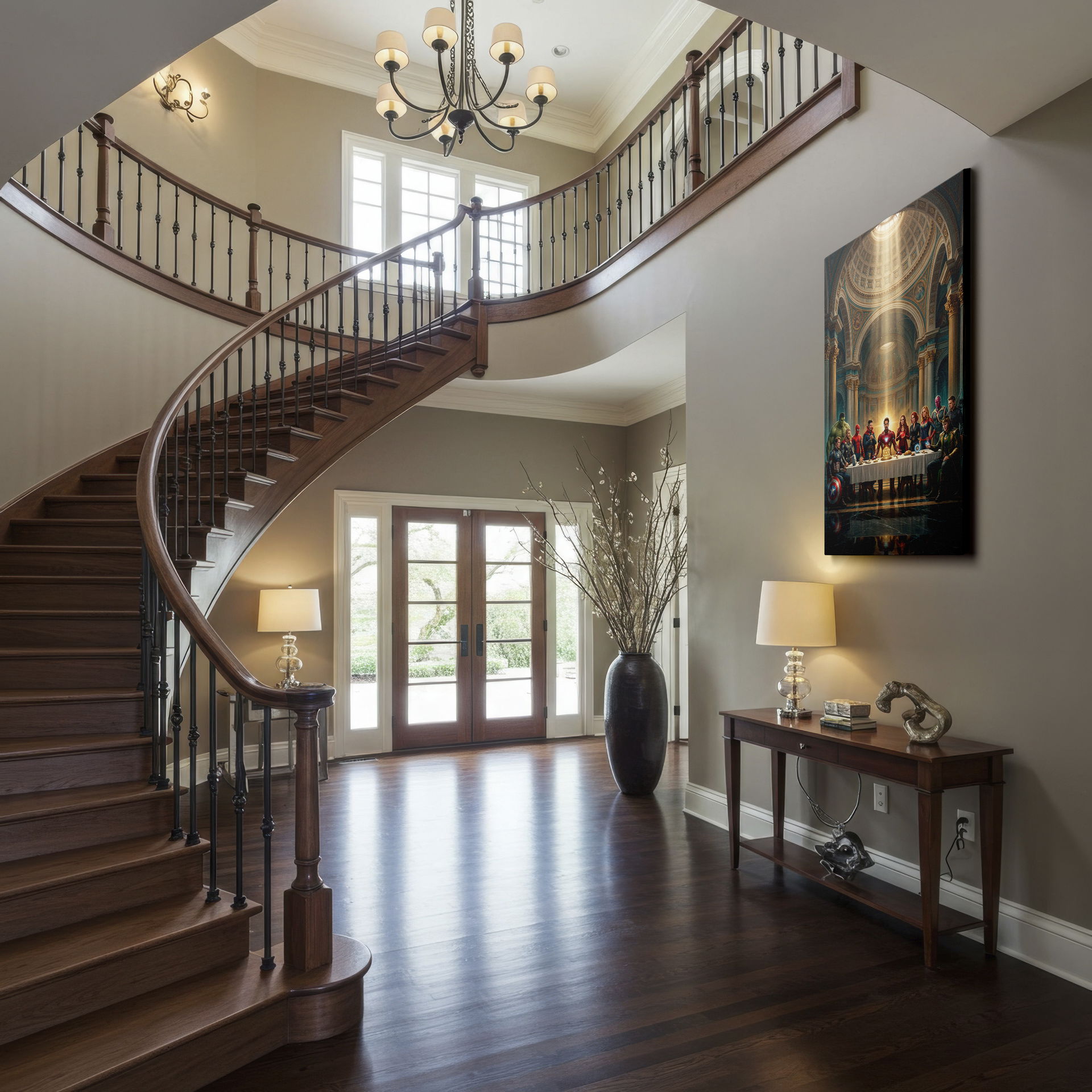 Superheroes are portrayed in a grand hall, reminiscent of the 'Last Supper,' displayed as wall art.