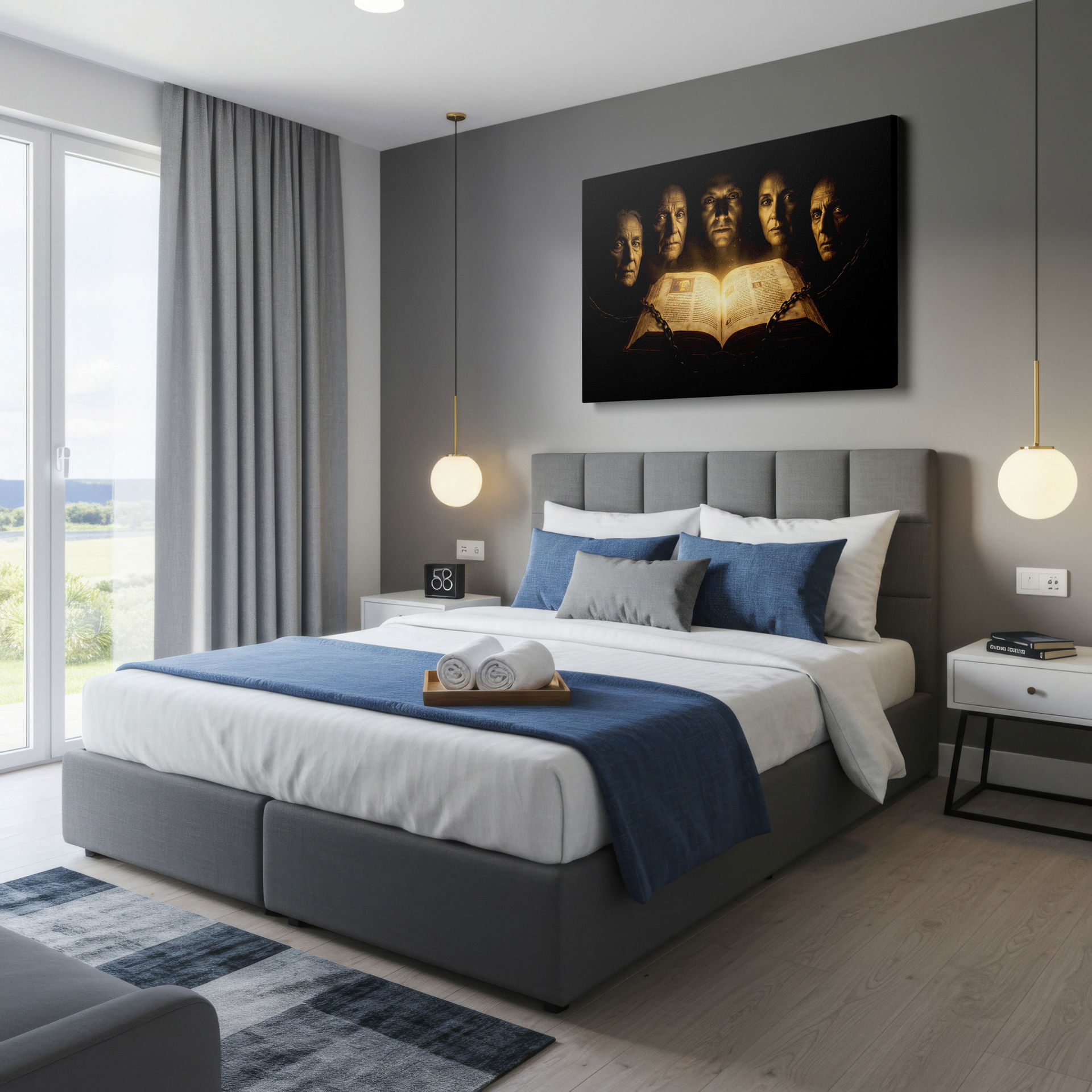 Explore the mystery of this canvas wall art: faces overlooking an ancient, chained, and illuminated book.