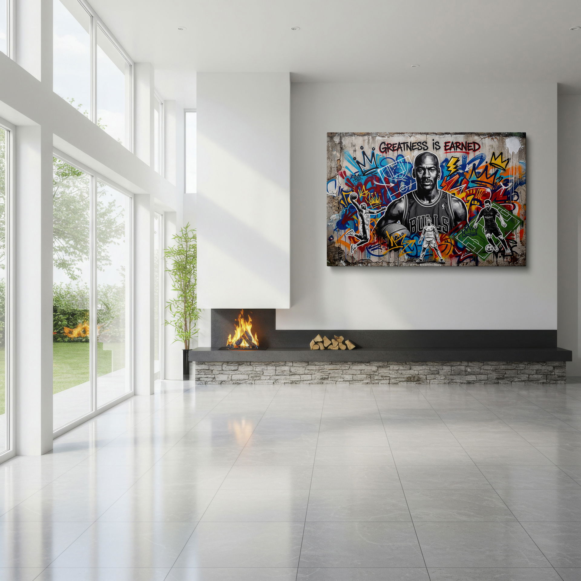 Bold graffiti wall art featuring Michael Jordan, Kobe Bryant, and soccer icons as a piece of wall art.