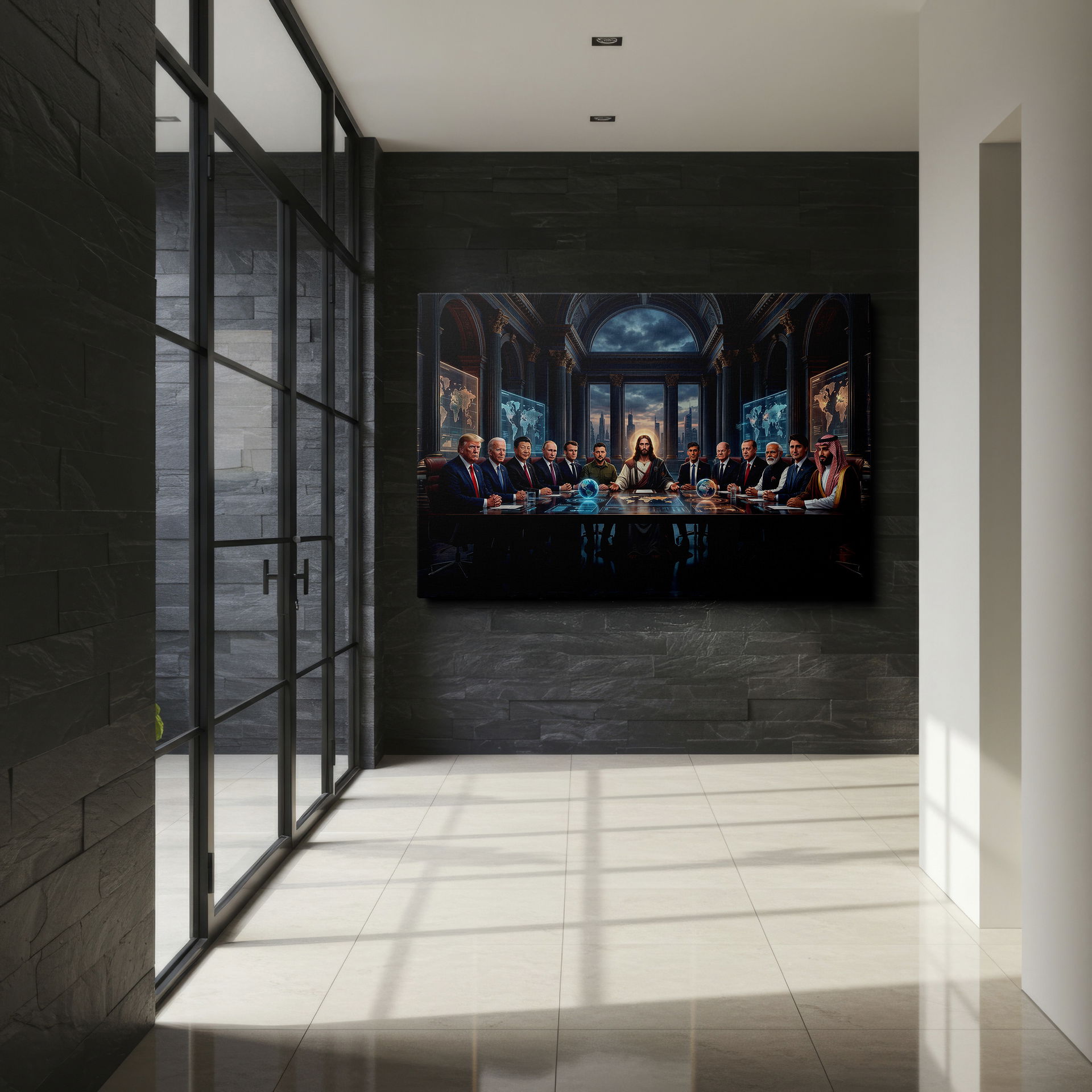 Unique wall decor featuring political leaders in a modern, grand hall.