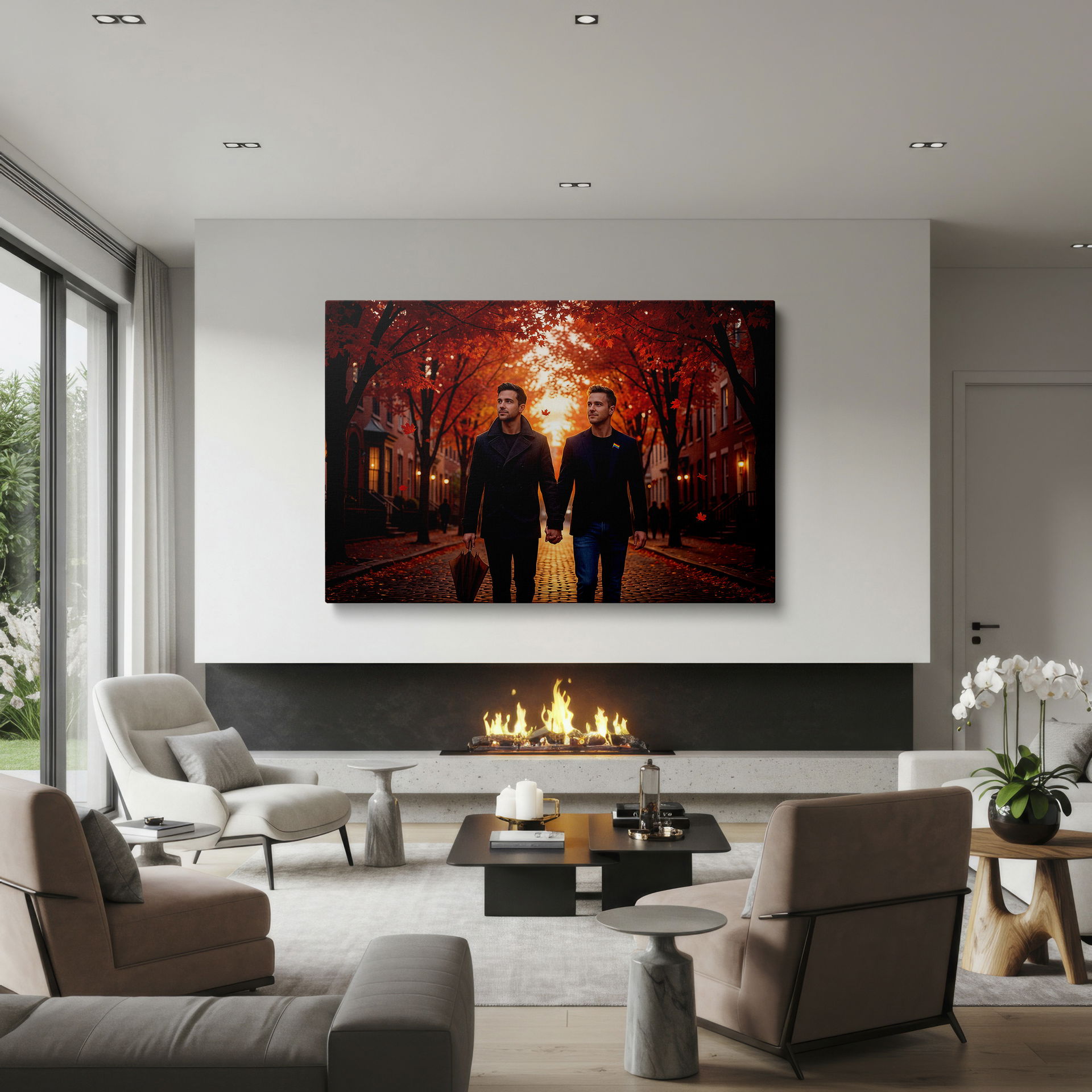 A couple holding hands on a fall day is featured on this Wrapped Canvas.