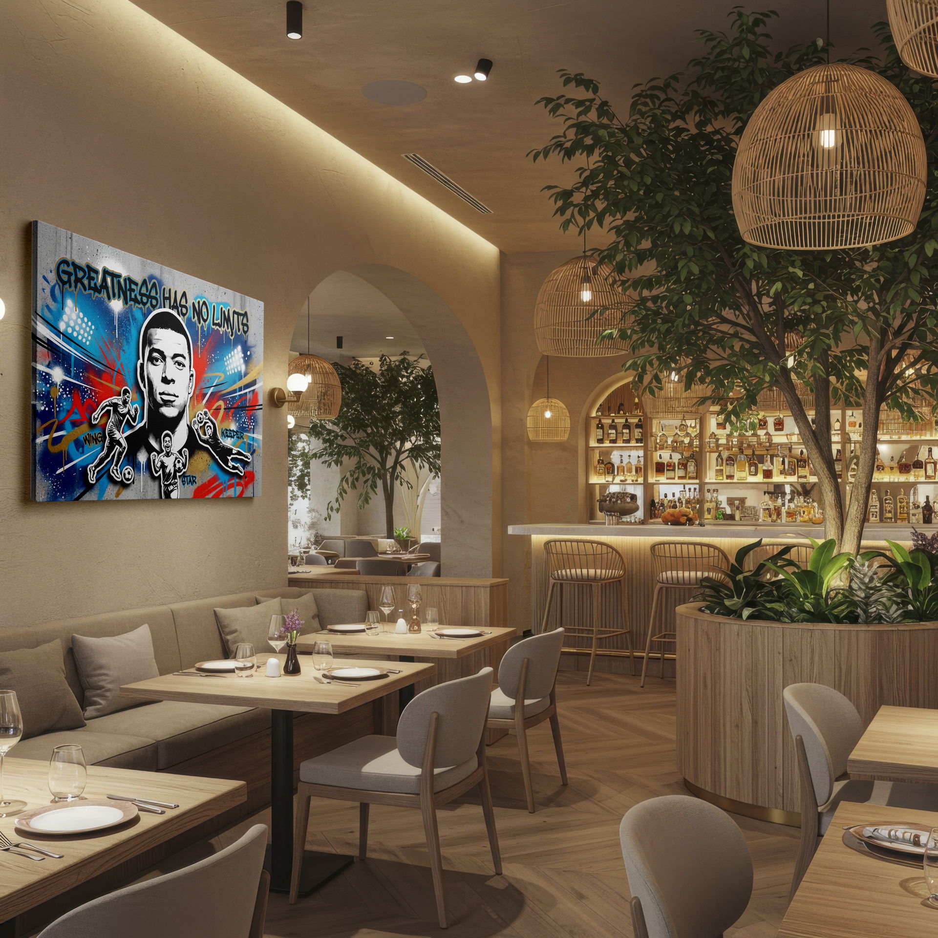 Striking wall decor of Mbappé and soccer players, with a modern urban graffiti wall art aesthetic.