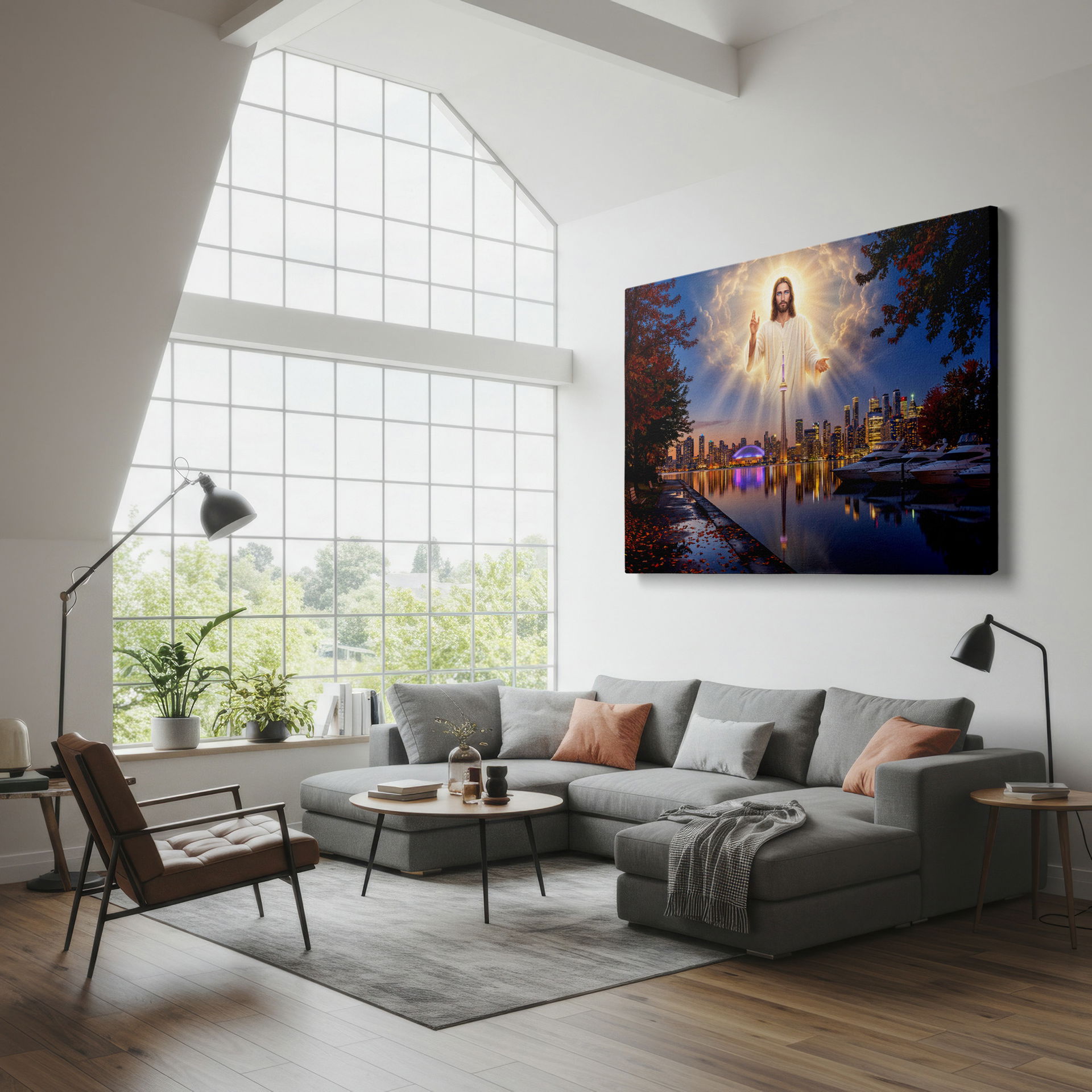 Elegant wall decor: Jesus above Toronto, creating a serene blend of faith and vibrant cityscape.