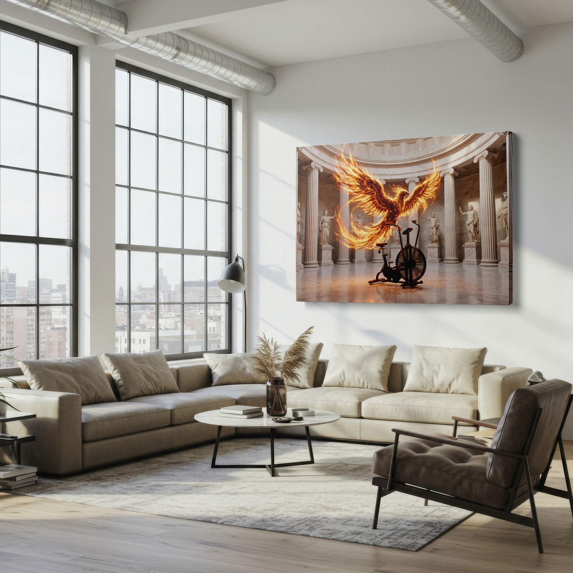 The fiery Phoenix canvas print adds an element of fantastical energy to an exercise setting, providing a unique visual.