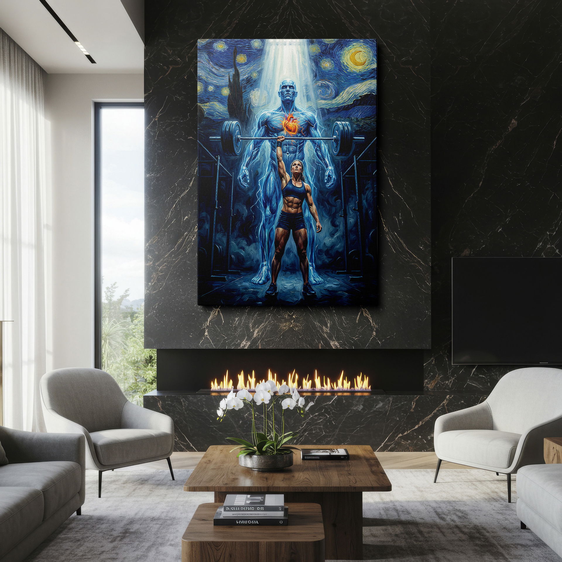 Dramatic artwork: female weightlifter and a celestial guardian in Starry Night art on high-quality wall decor.