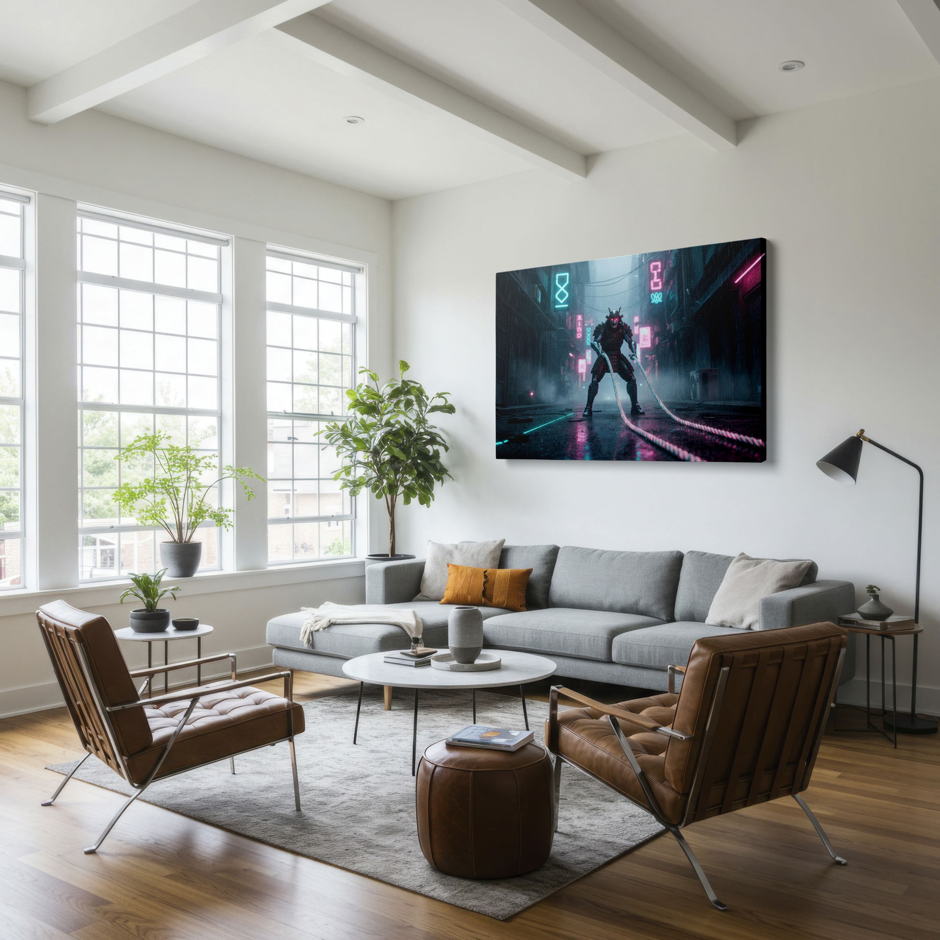 Samurai warrior in a futuristic city, a bold and stylish Wrapped Canvas for your space.