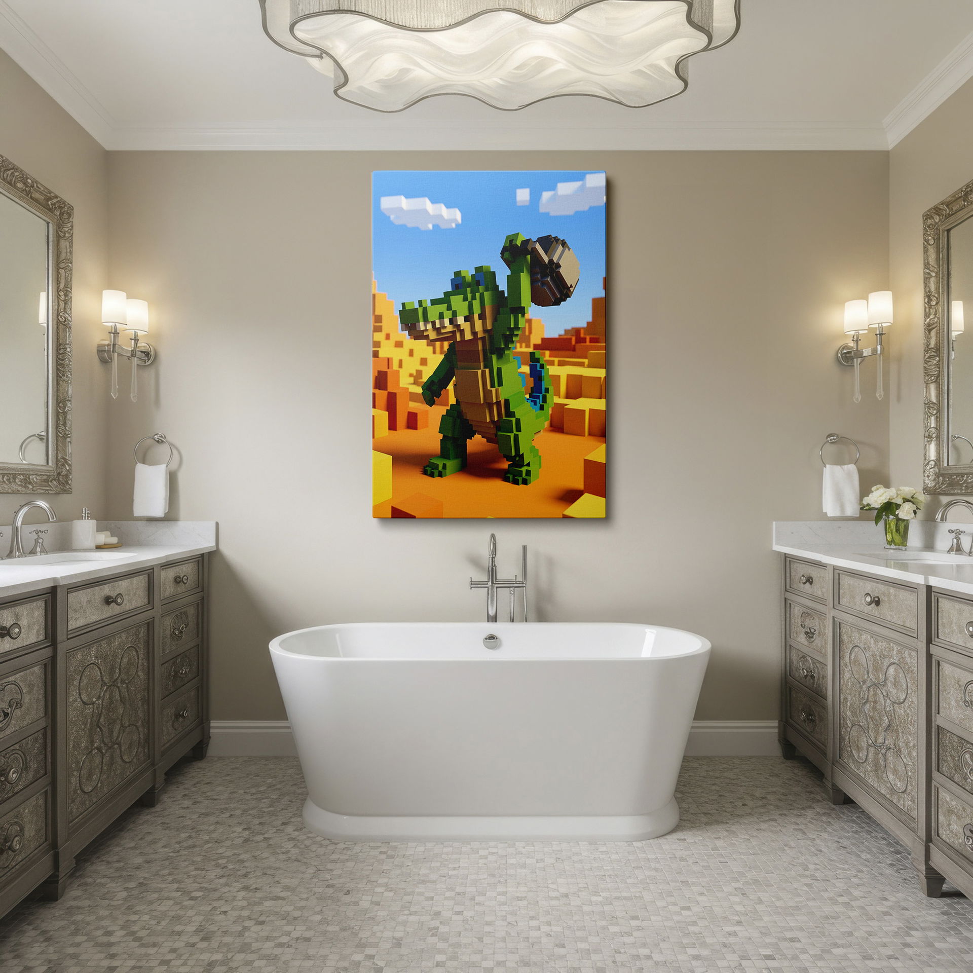 Pixelated crocodile artwork with a blue tail holding a pixelated stone, a charming wall art.