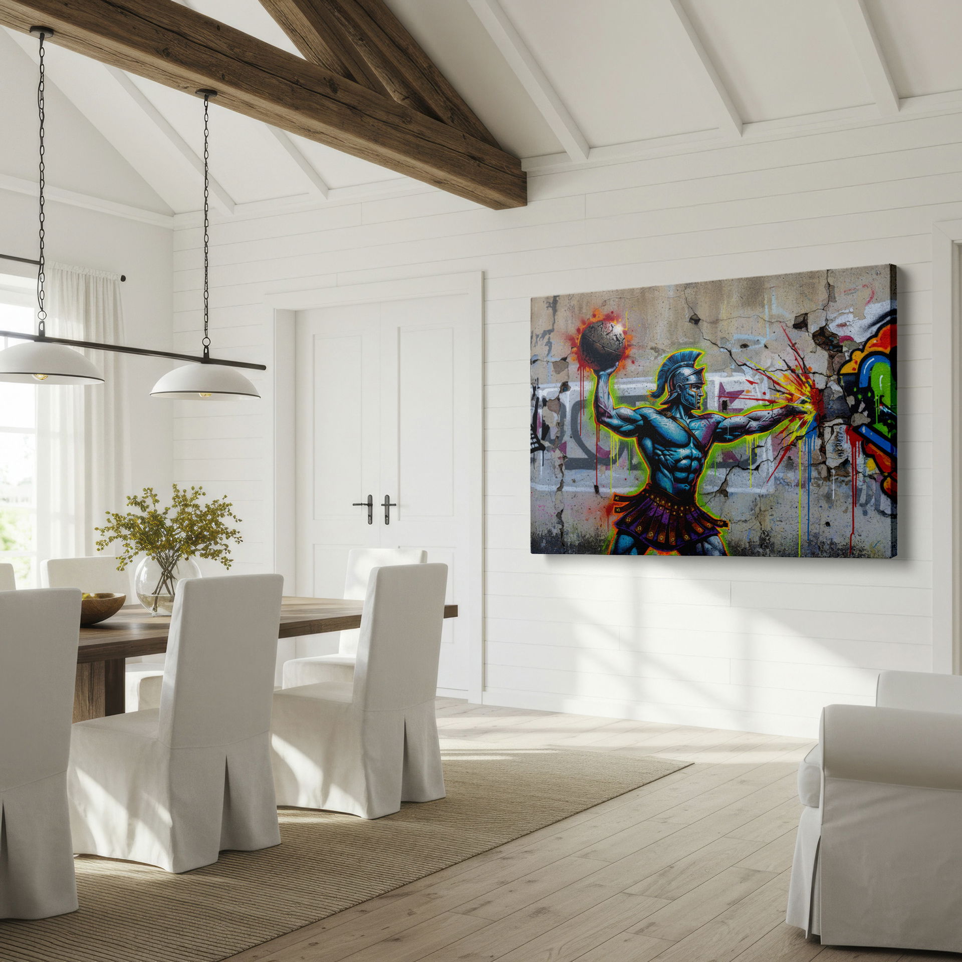 Graffiti-style wall decor: Muscular blue warrior about to strike; street art canvas.