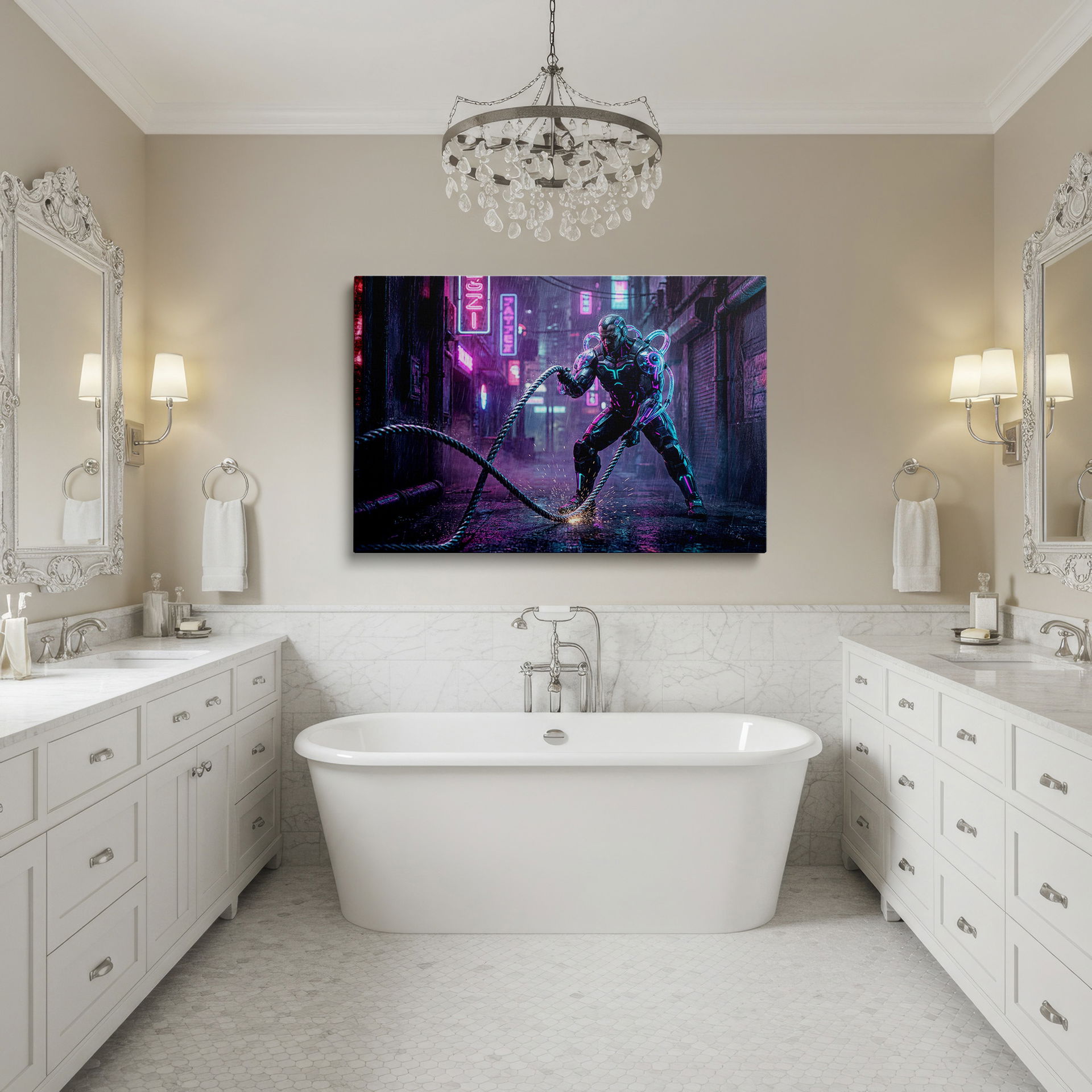 Robotic athlete pulling a rope in a neon city landscape; eye-catching wall art.